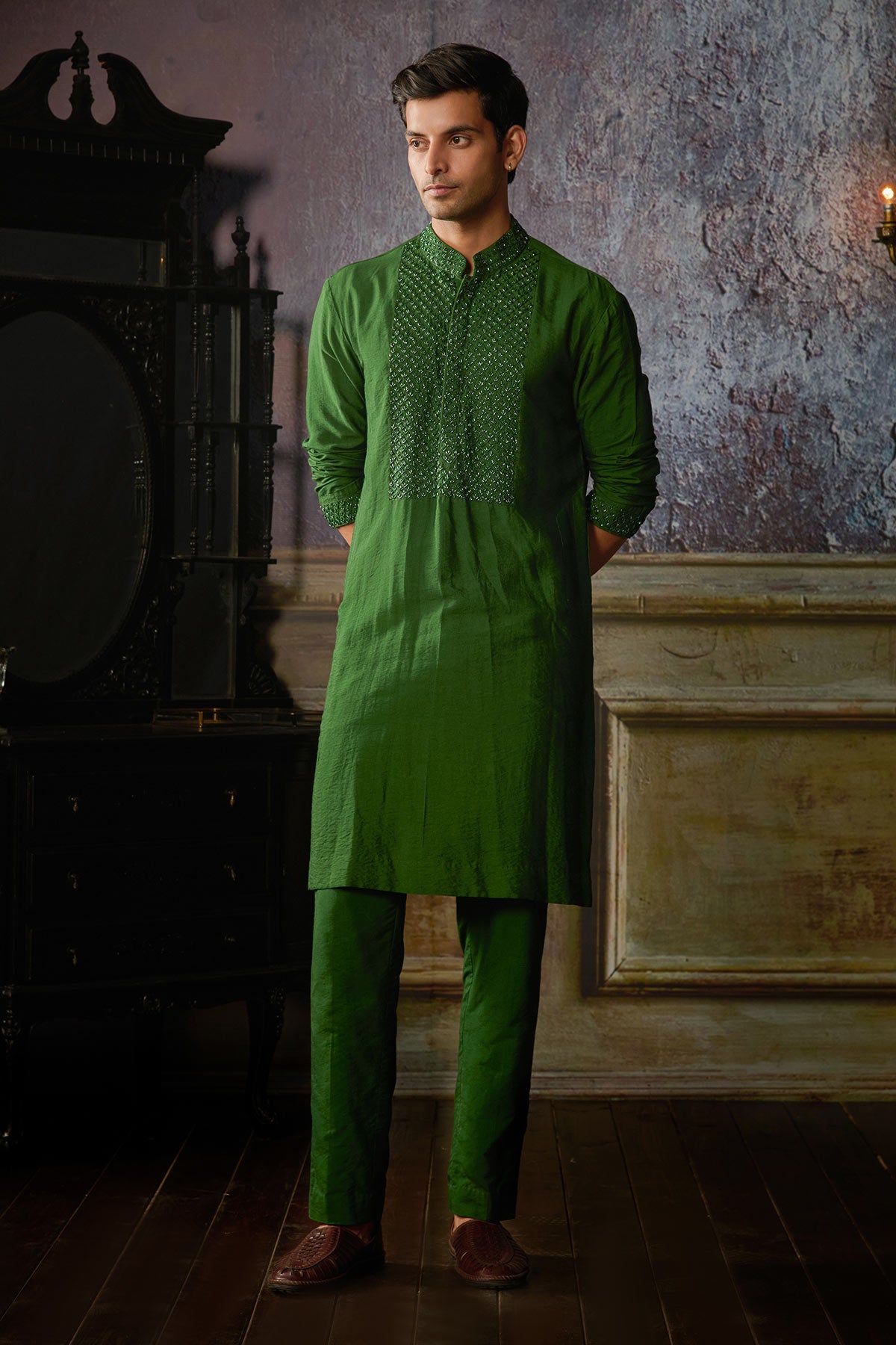 OLIVE GREEN YOKE EMBROIDERED KURTA WITH OLIVE GREEN PANTS