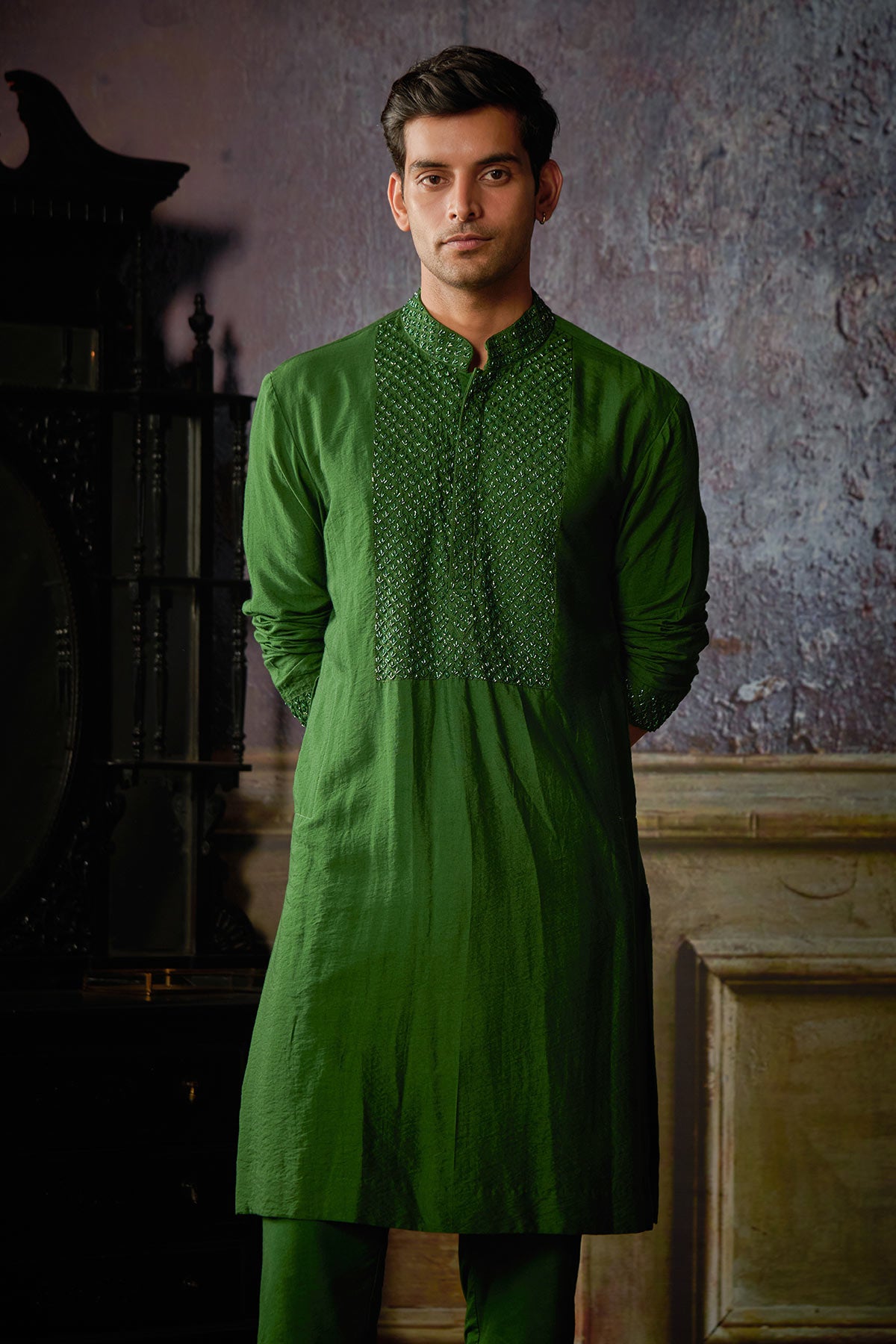 OLIVE GREEN YOKE EMBROIDERED KURTA WITH OLIVE GREEN PANTS