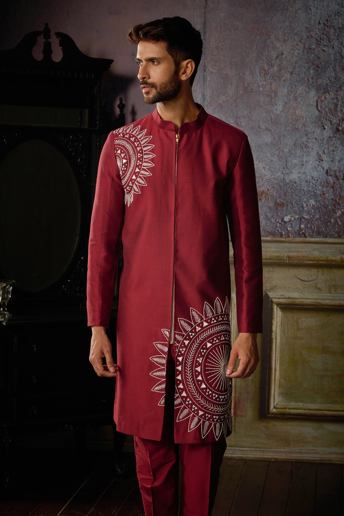 MAROON WITH IVORY CIRCLE THIKRI EMBROIDERED JACKET WITH MAROON PANTS