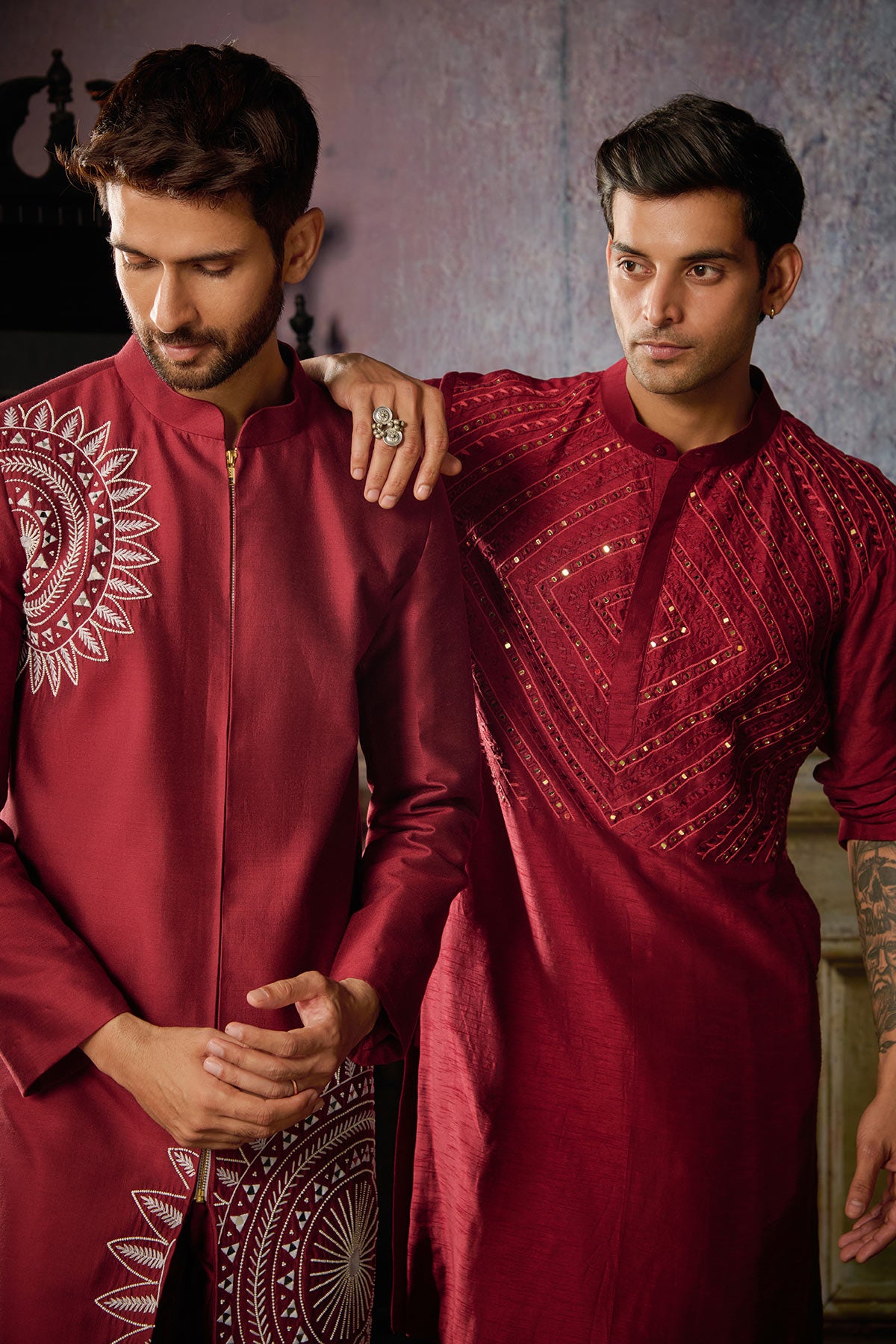 MAROON THREAD AND MIRROR EMBROIDERED KURTA WITH MAROON PANTS