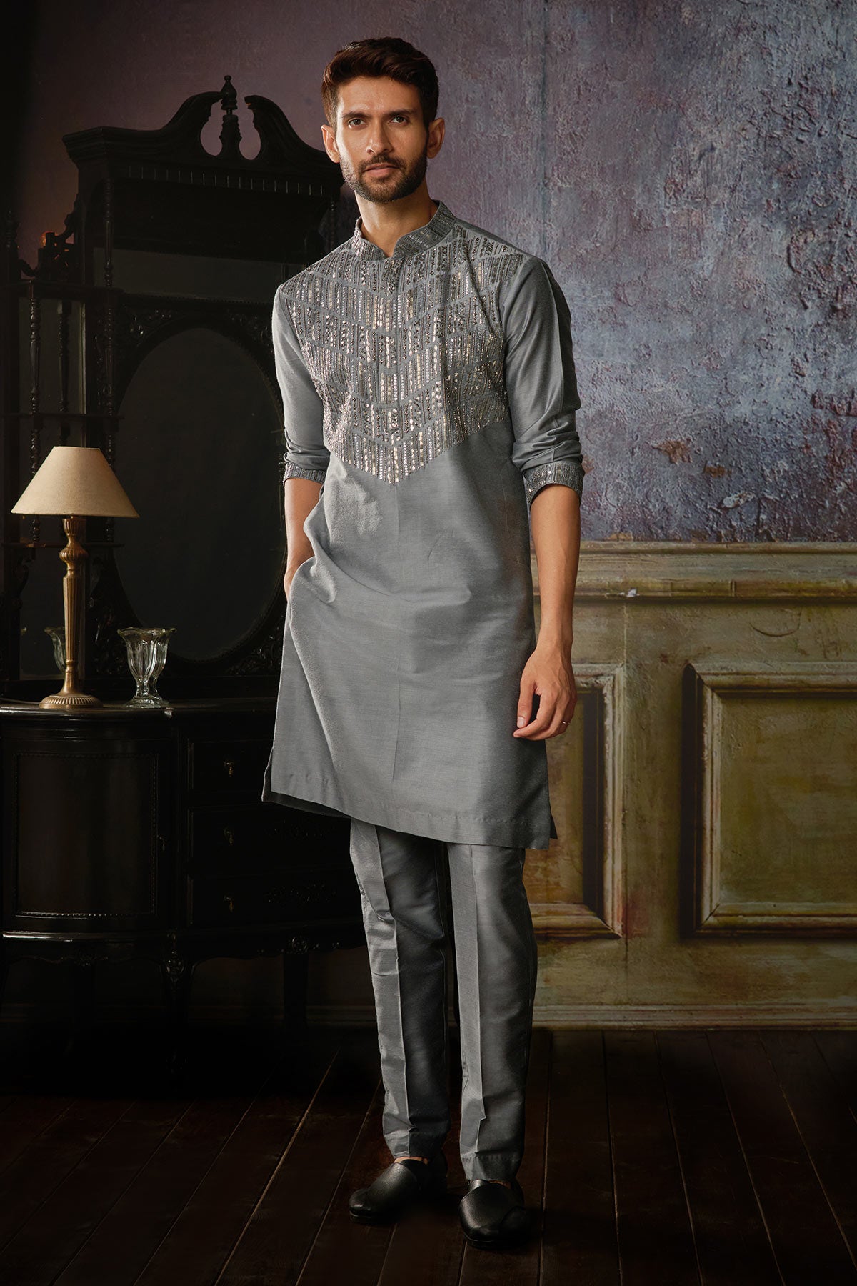 GREY WITH GUNMETAL EMBROIDERED KURTA WITH GREY PANTS