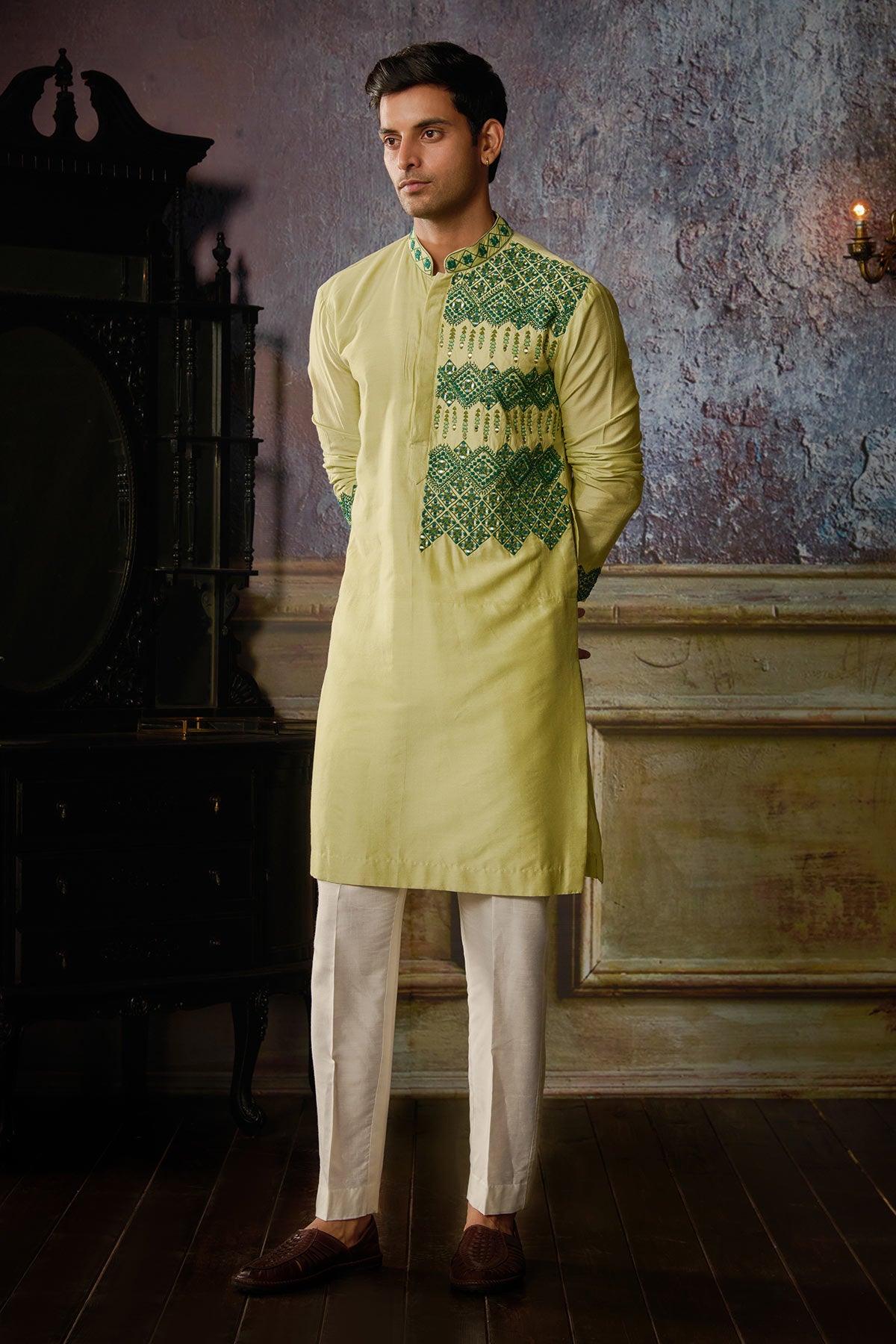 MINT GREEN WITH DARK GREEN GEOMETRIC EMBROIDERED KURTA WITH IVORY PANTS