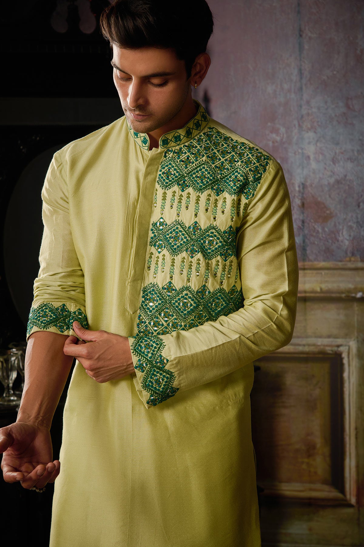 MINT GREEN WITH DARK GREEN GEOMETRIC EMBROIDERED KURTA WITH IVORY PANTS