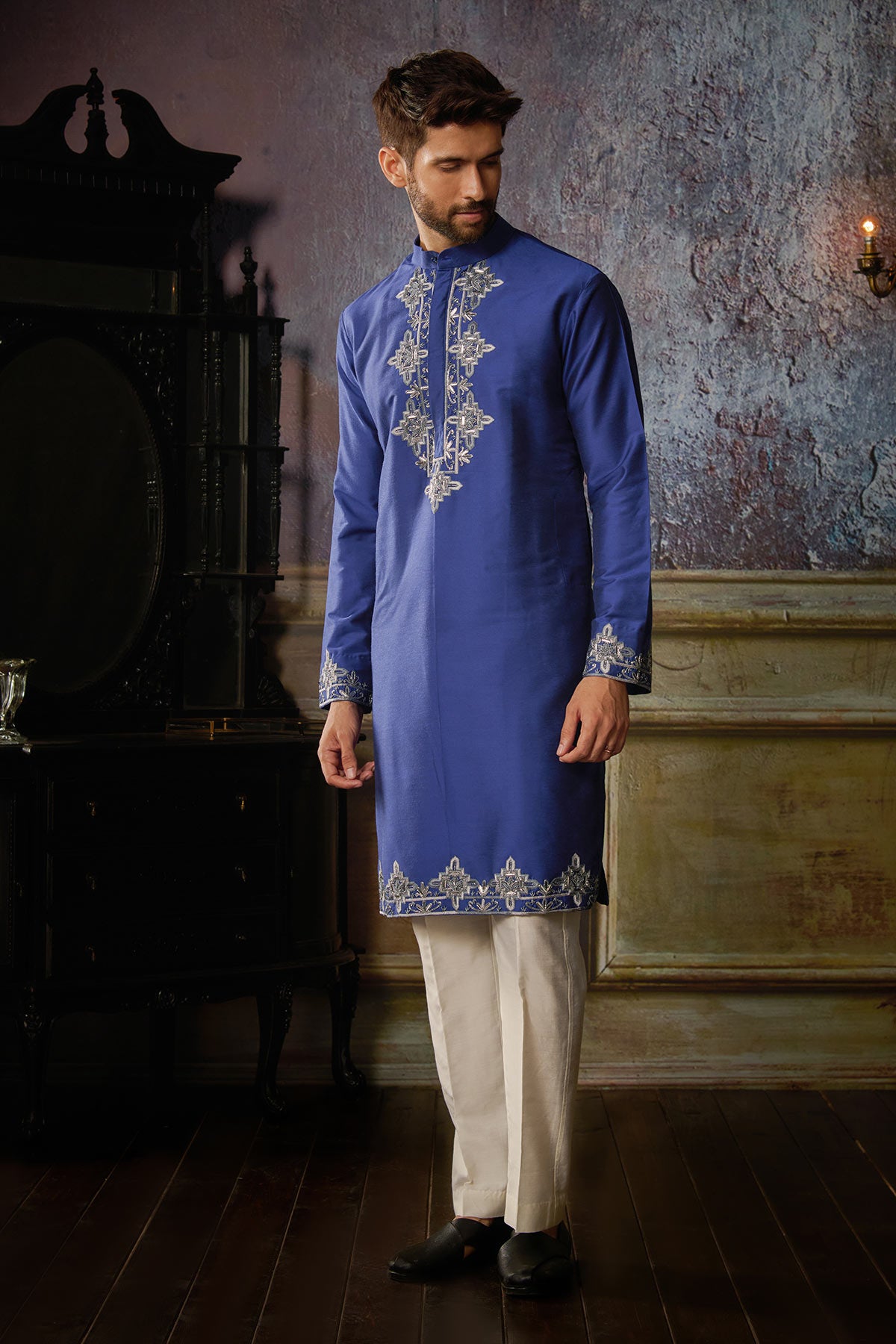 ELECTRIC BLUE WITH GUNMETAL YOKE AND HEM GEOMETRIC EMBROIDERED KURTA WITH IVORY PANTS