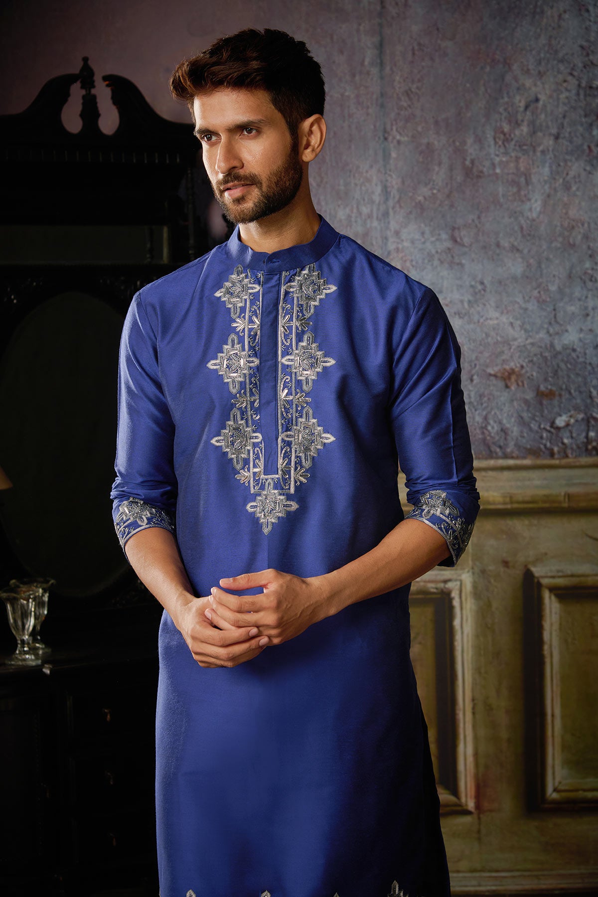 ELECTRIC BLUE WITH GUNMETAL YOKE AND HEM GEOMETRIC EMBROIDERED KURTA WITH IVORY PANTS