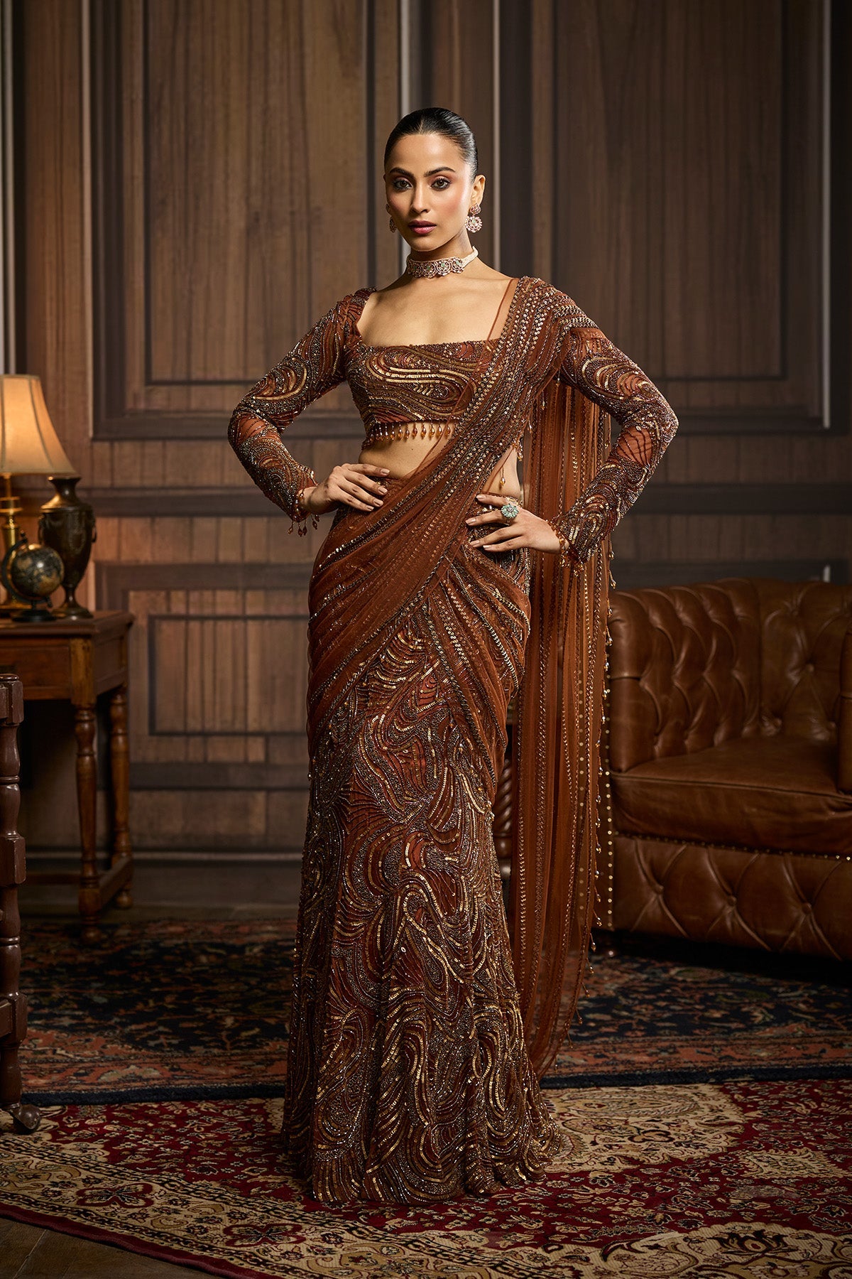 Metallic Gold Embellished Skirt Saree Set