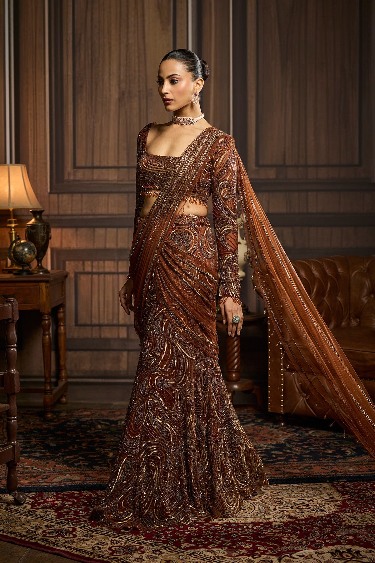 Metallic Gold Embellished Skirt Saree Set