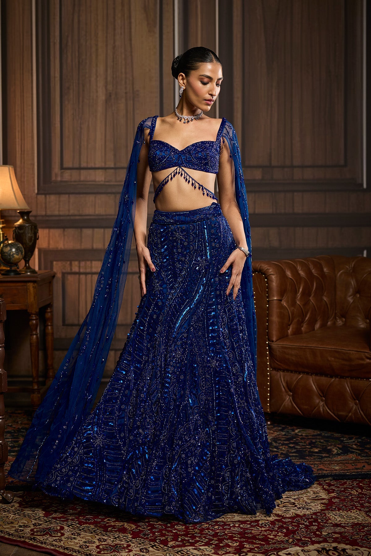 Electric Blue  Trail Mermaid Skirt Saree Set