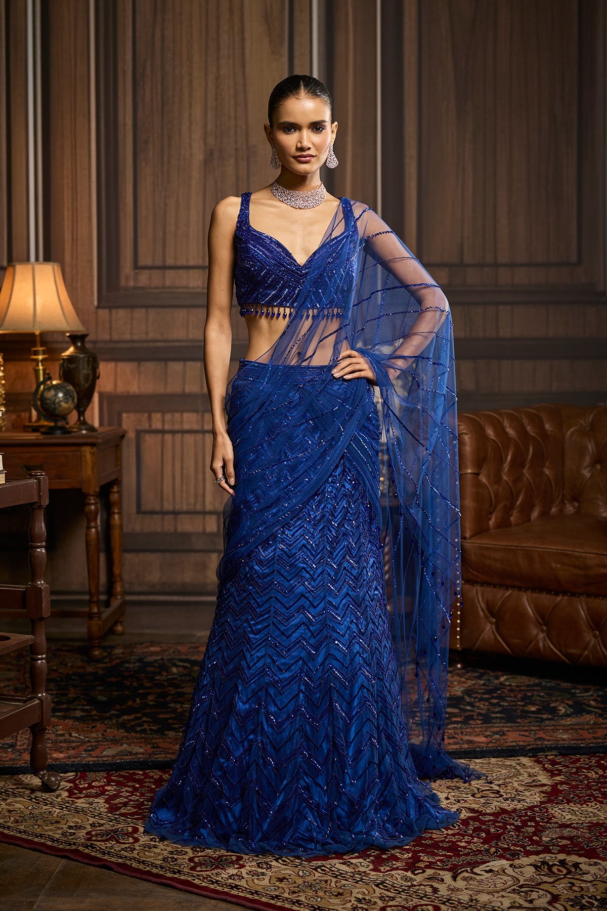 Electric Blue Embellished Pre-Draped Skirt Saree Set