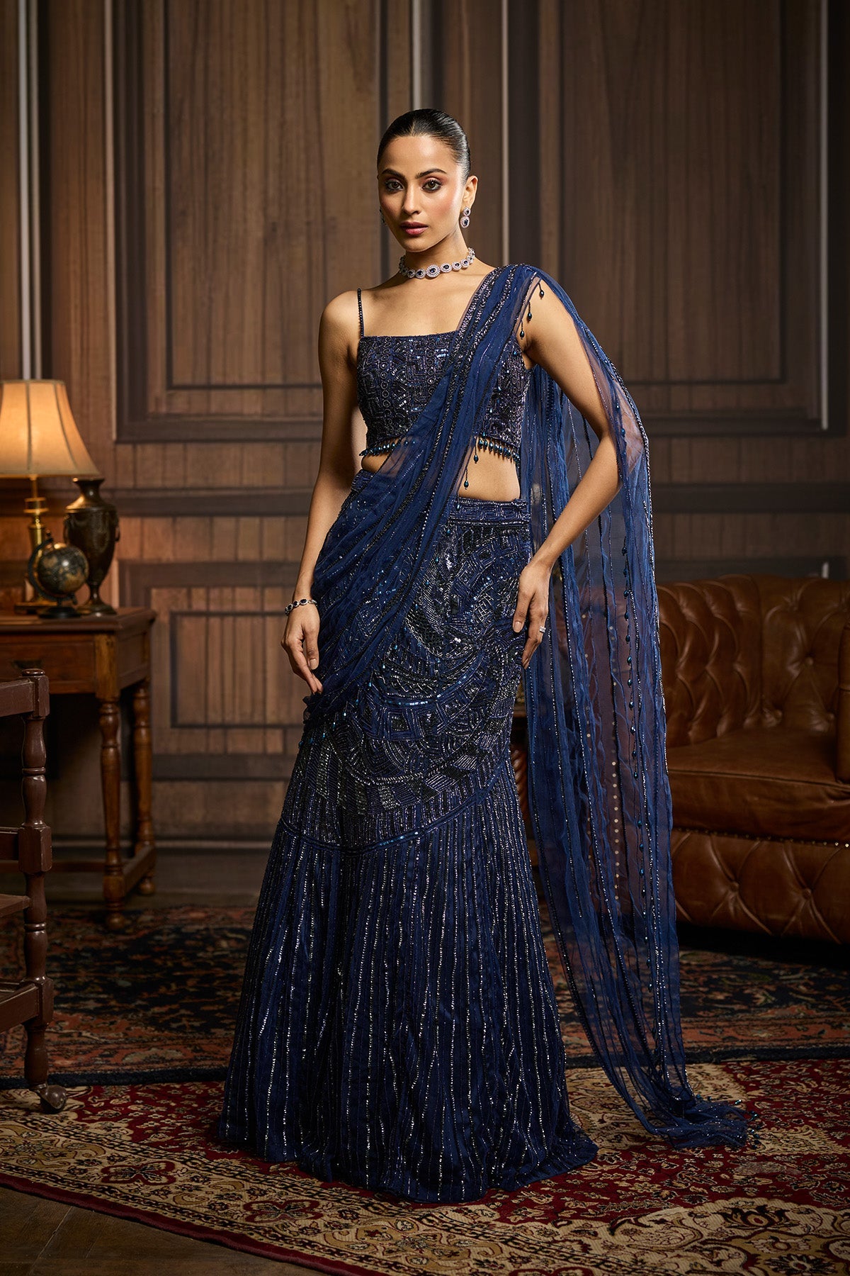 Midnight Blue Embellished Pre-Drapedskirt Saree Set
