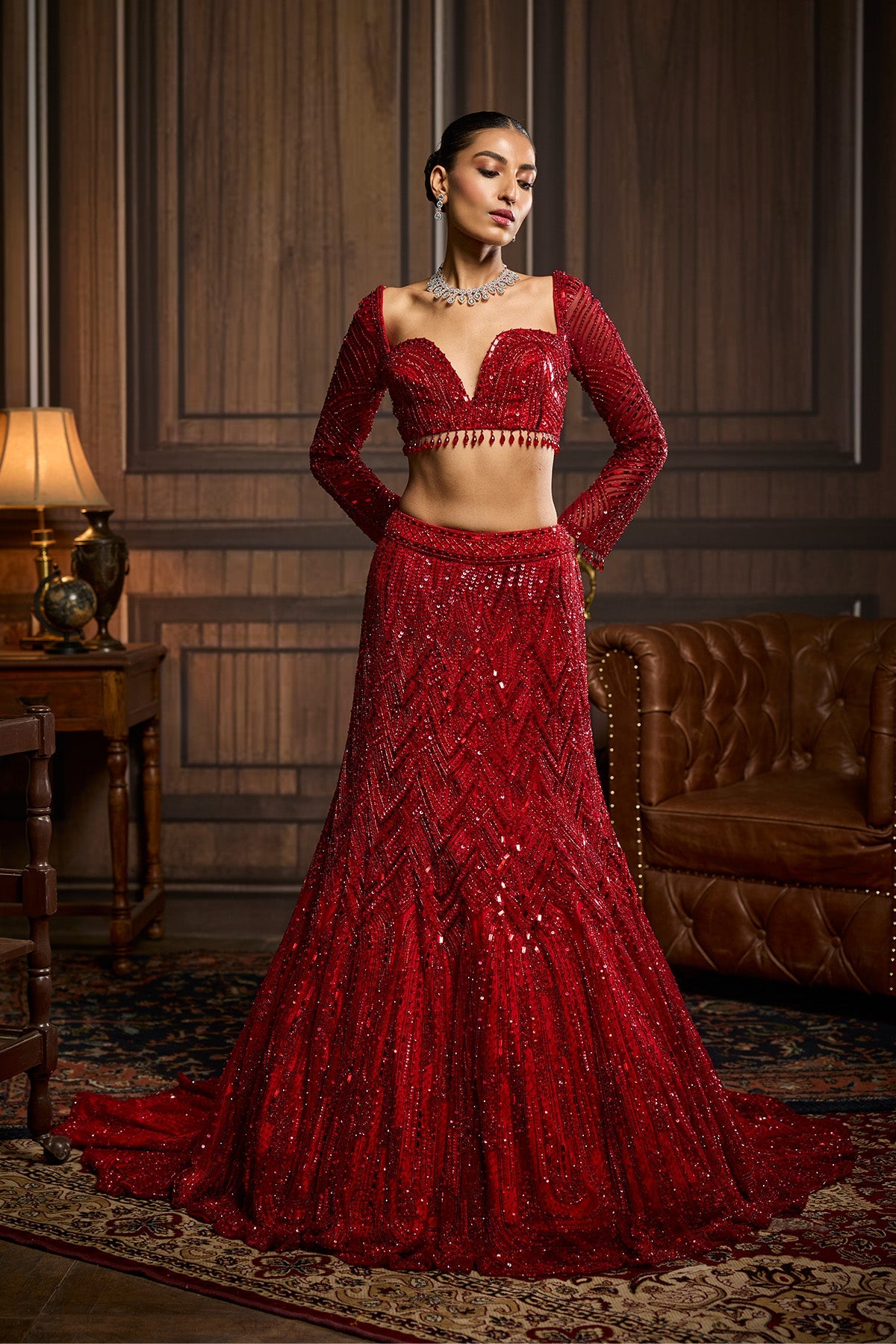 Vermillion Red Embroidered Mermaid Skirt Saree Set