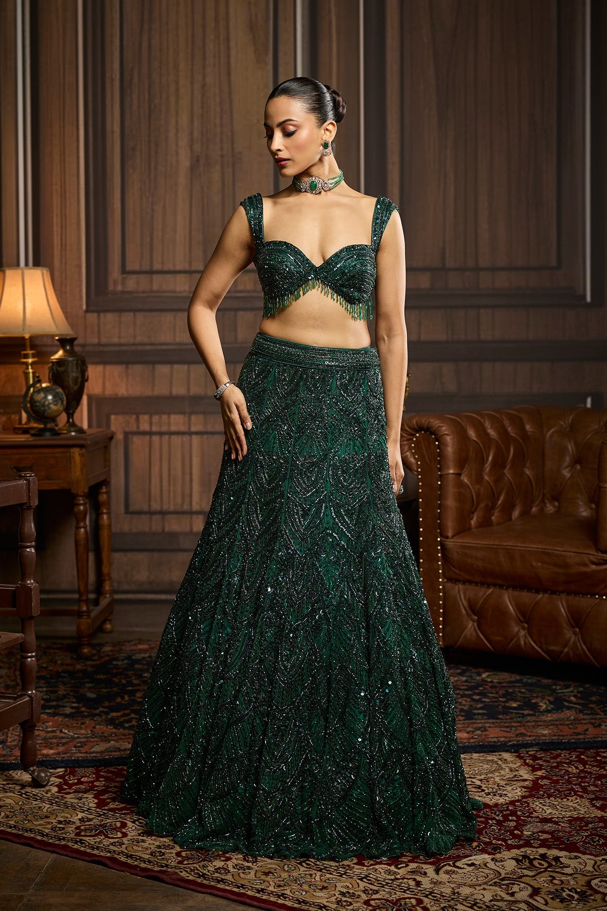 Emerald Green Embellished  Mermaid Skirt Set