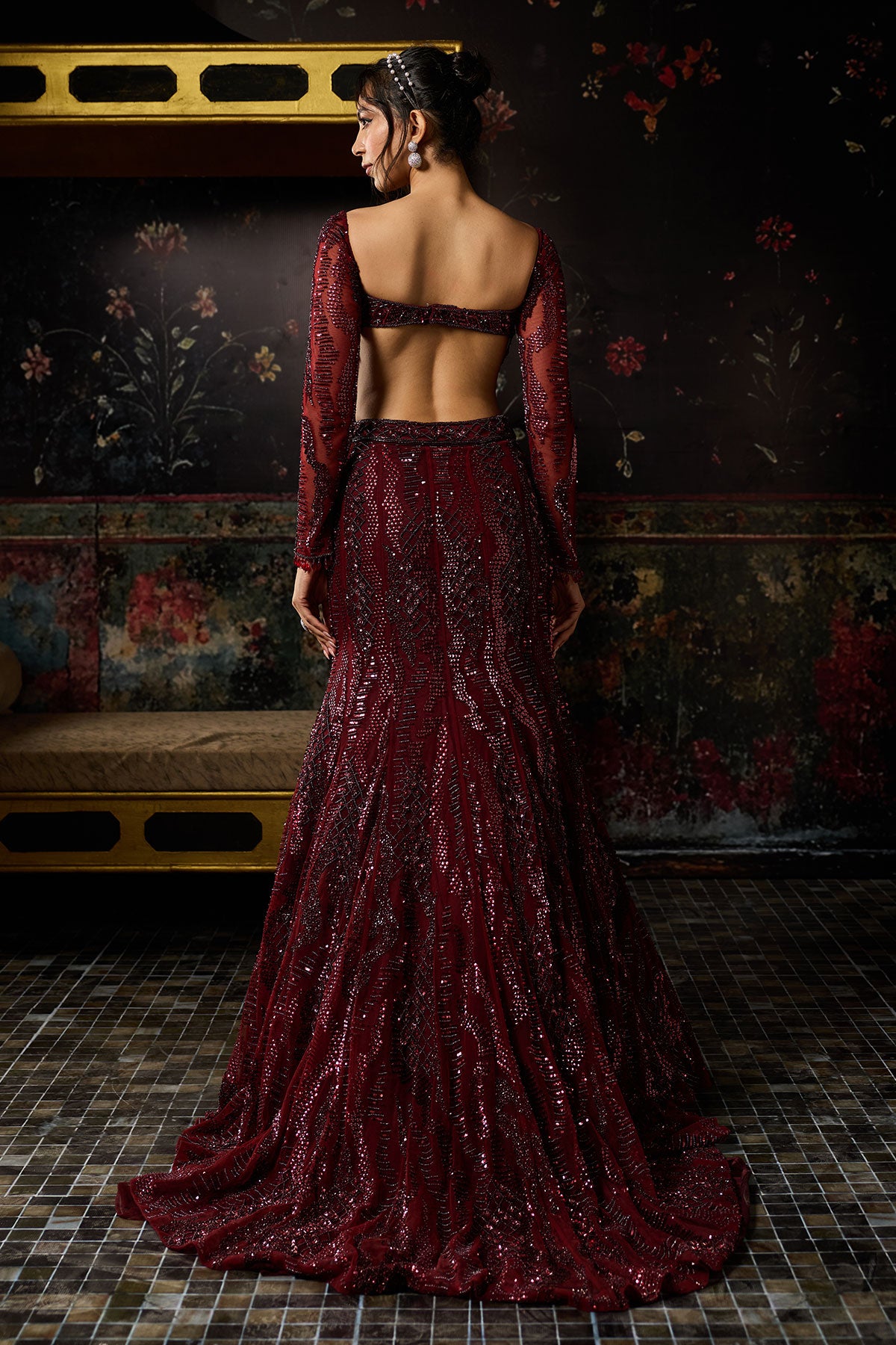 Maroon Embellished Mermaid Lehenag Set