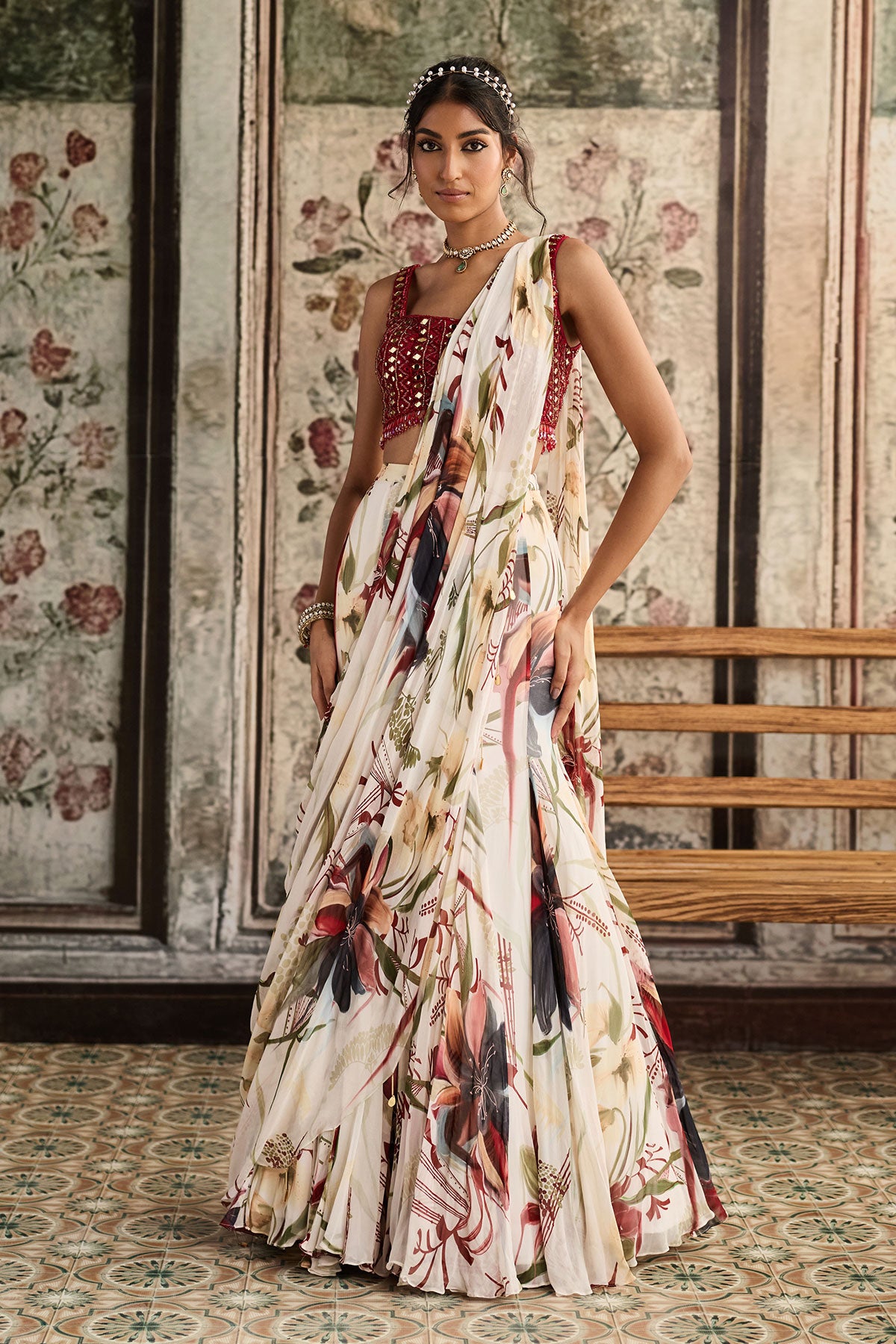 Ivory Floral Printed  Mermaid Saree Set
