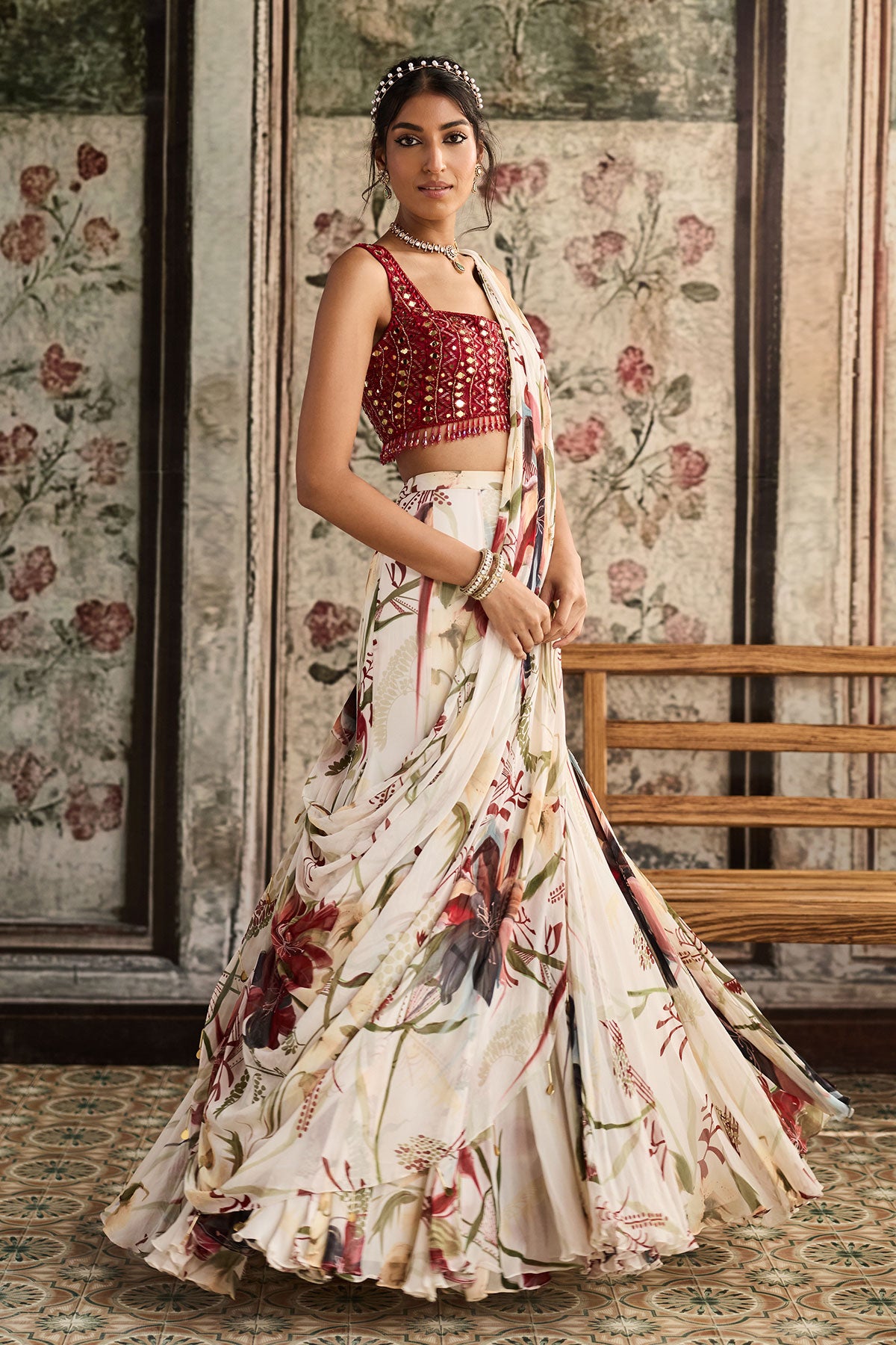 Ivory Floral Printed  Mermaid Saree Set