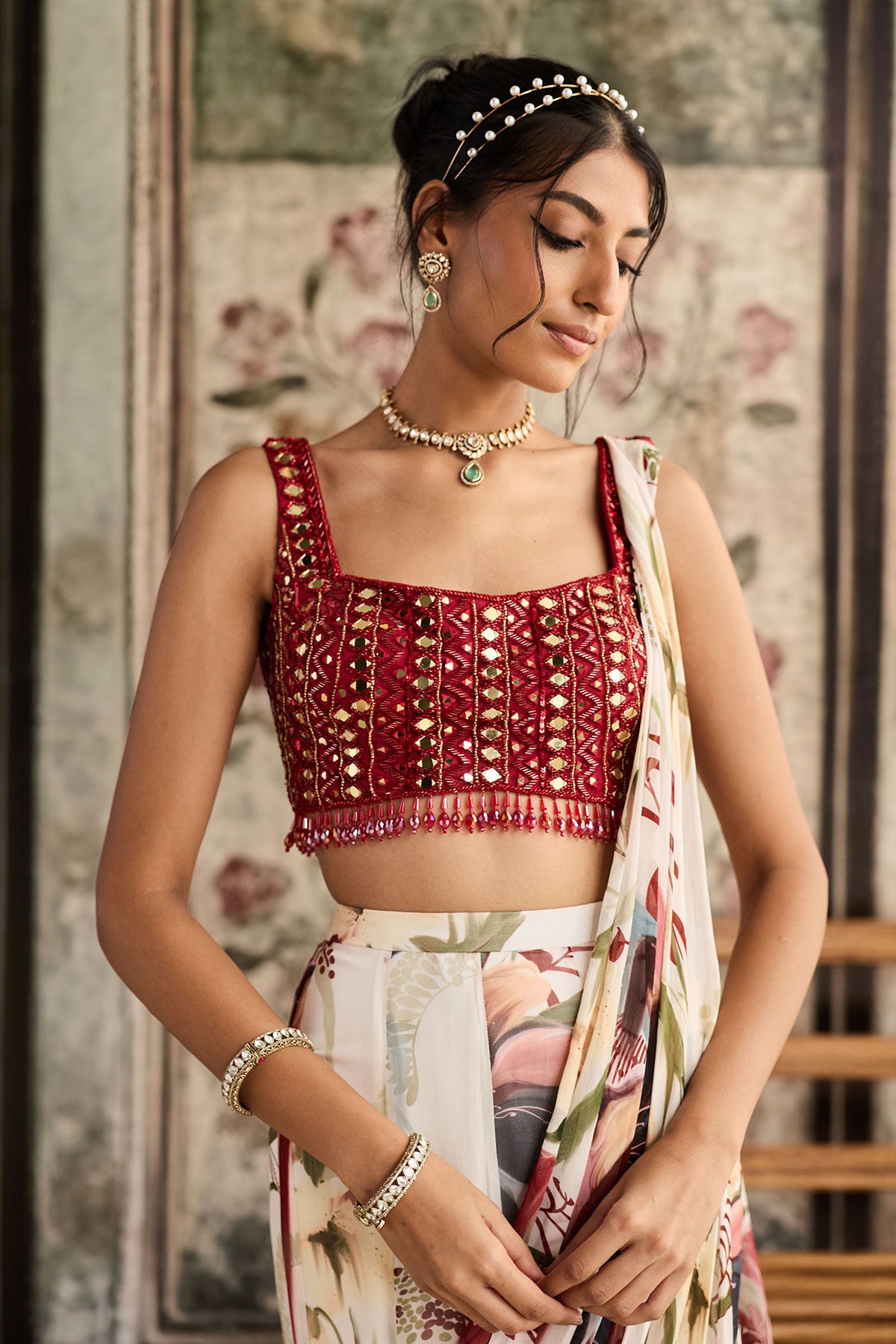 Ivory Floral Printed  Mermaid Saree Set