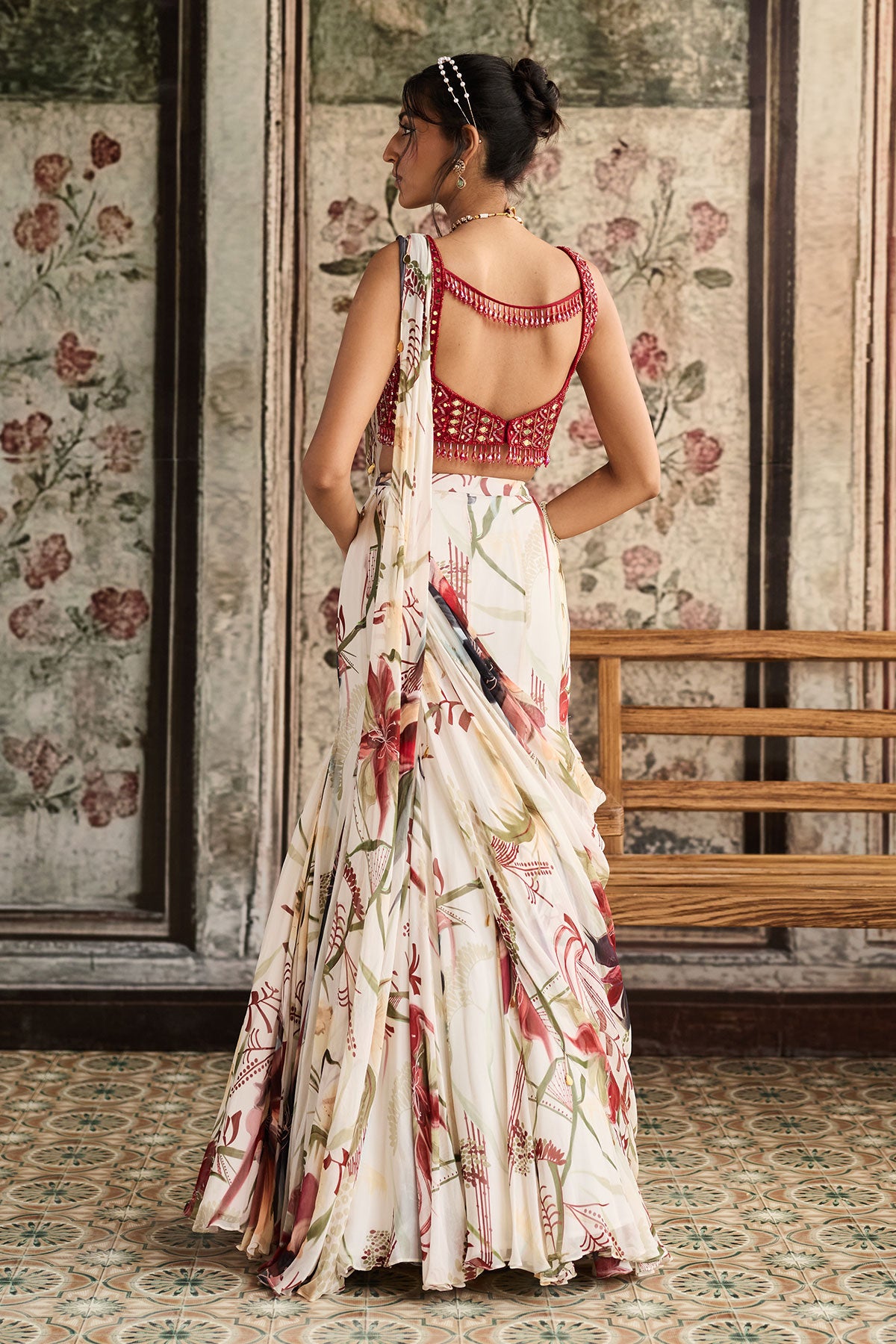 Ivory Floral Printed  Mermaid Saree Set