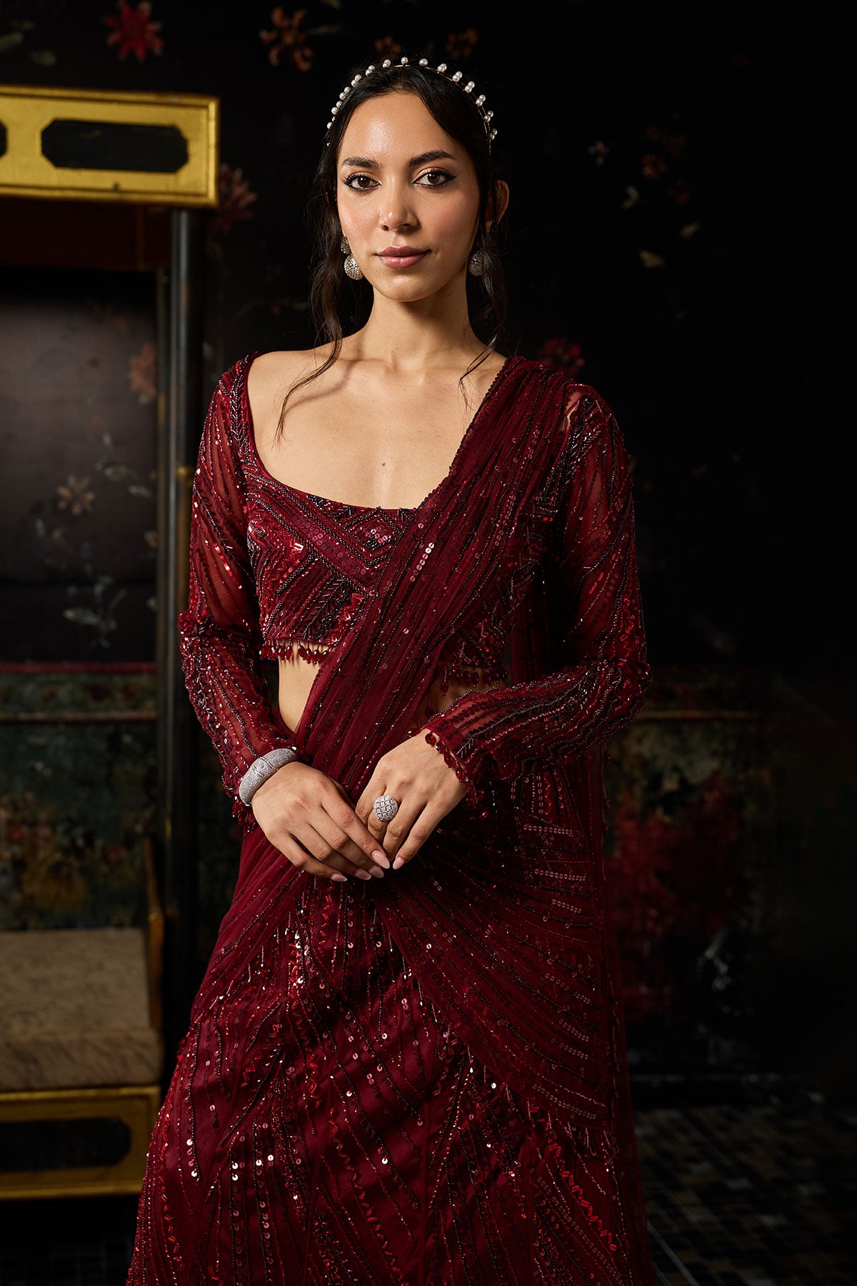 Maroon Embellished Mermaid Skirt Saree Set