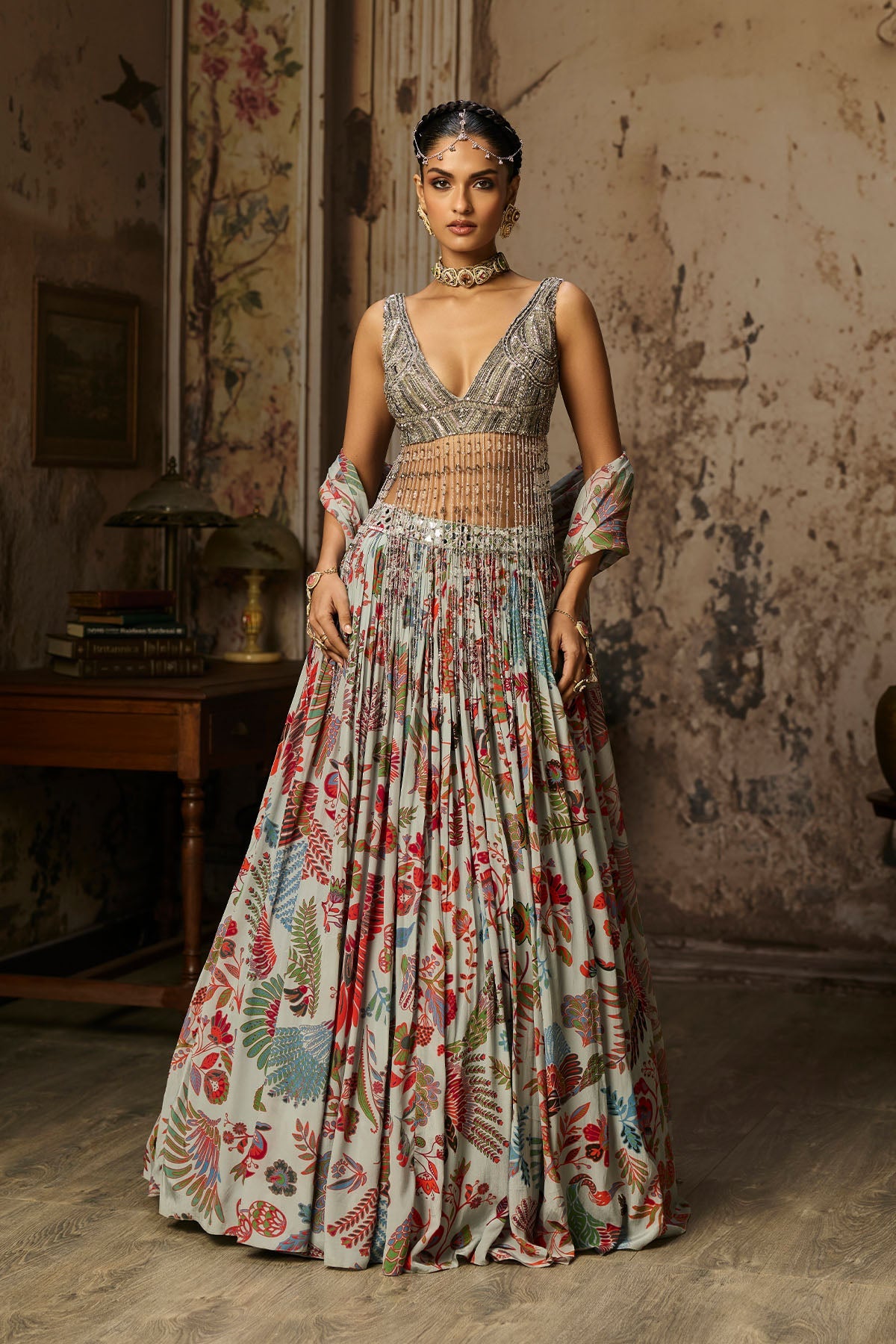 Slate Grey Embroidered Blouse And Printed Lehenga Set