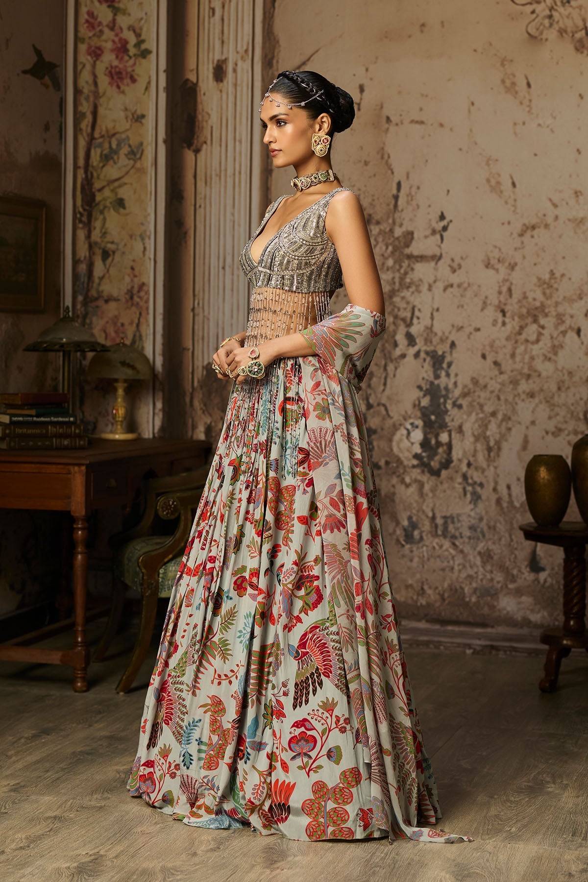Slate Grey Embroidered Blouse And Printed Lehenga Set