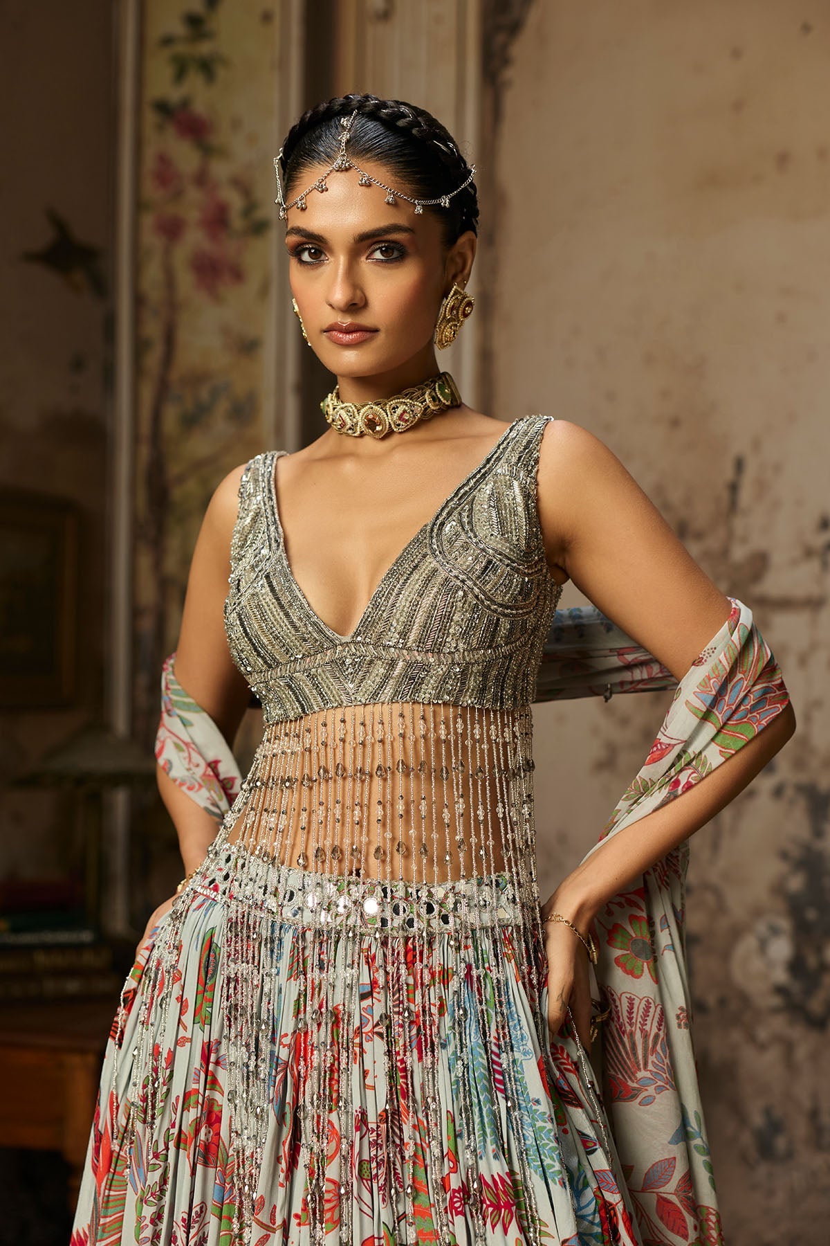 Slate Grey Embroidered Blouse And Printed Lehenga Set