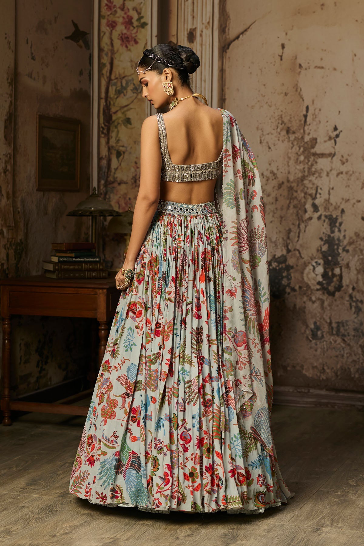 Slate Grey Embroidered Blouse And Printed Lehenga Set