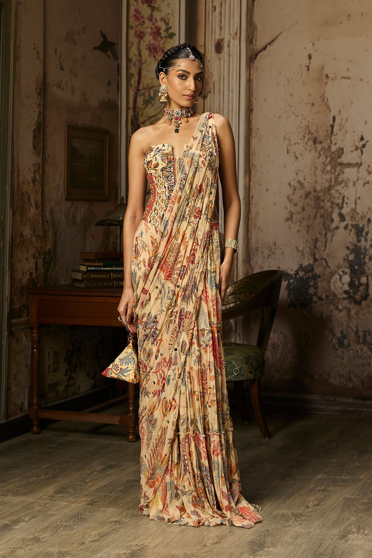 Beige Printed And Highlighted Corset With Tiered Skirt Saree Set