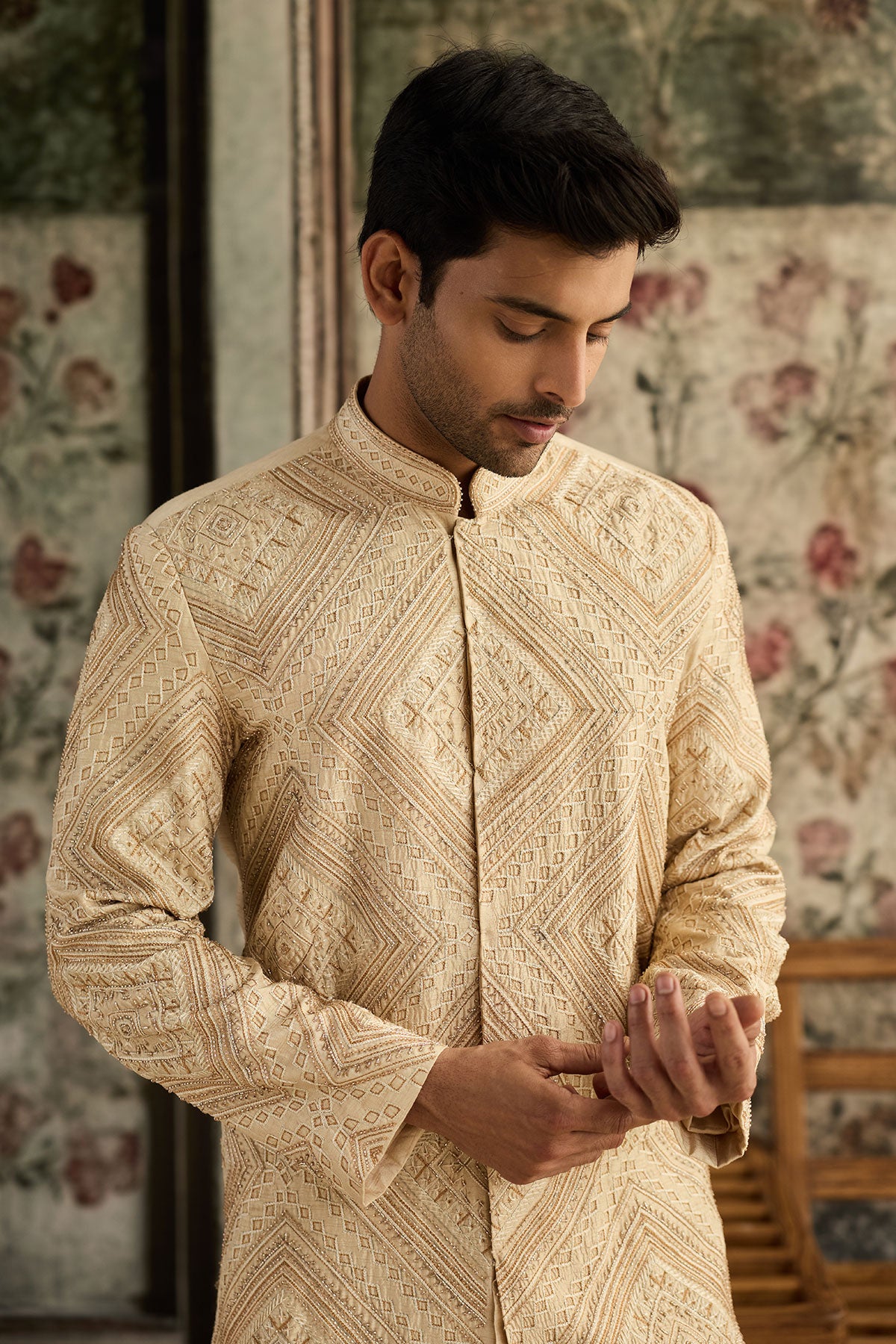 Beige Embroidered Jacket & Pants