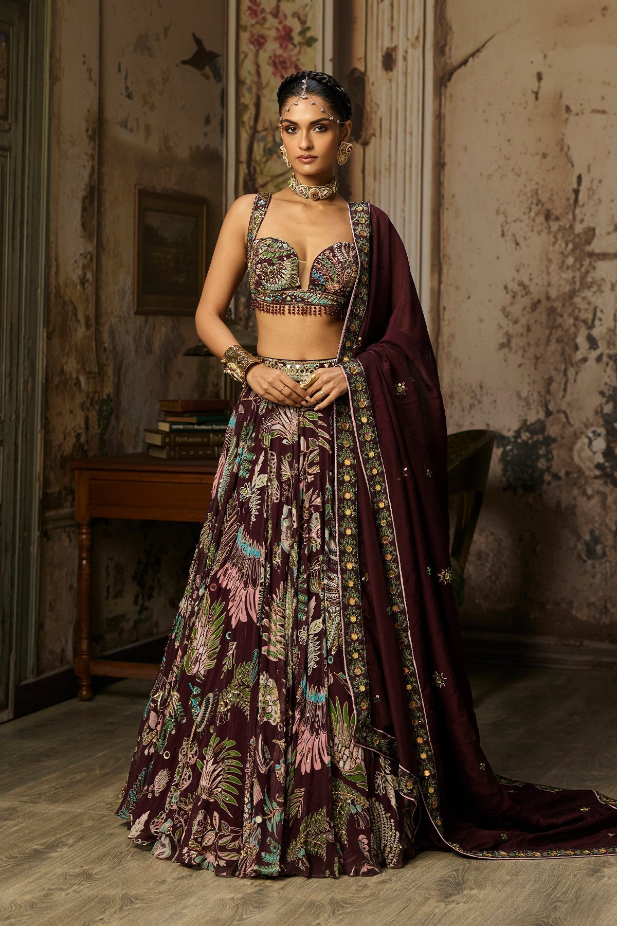 Plum Printed And Highlighted Lehenga Set