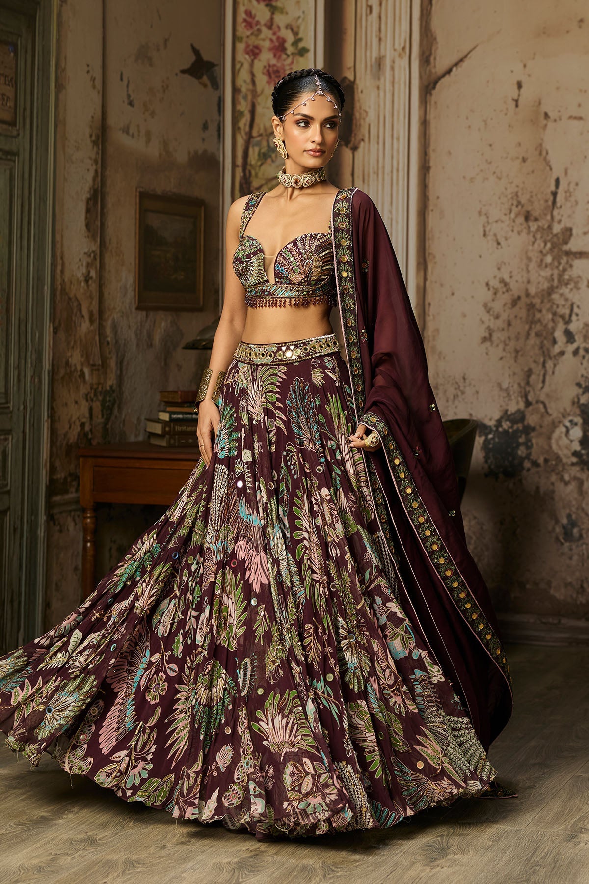 Plum Printed And Highlighted Lehenga Set