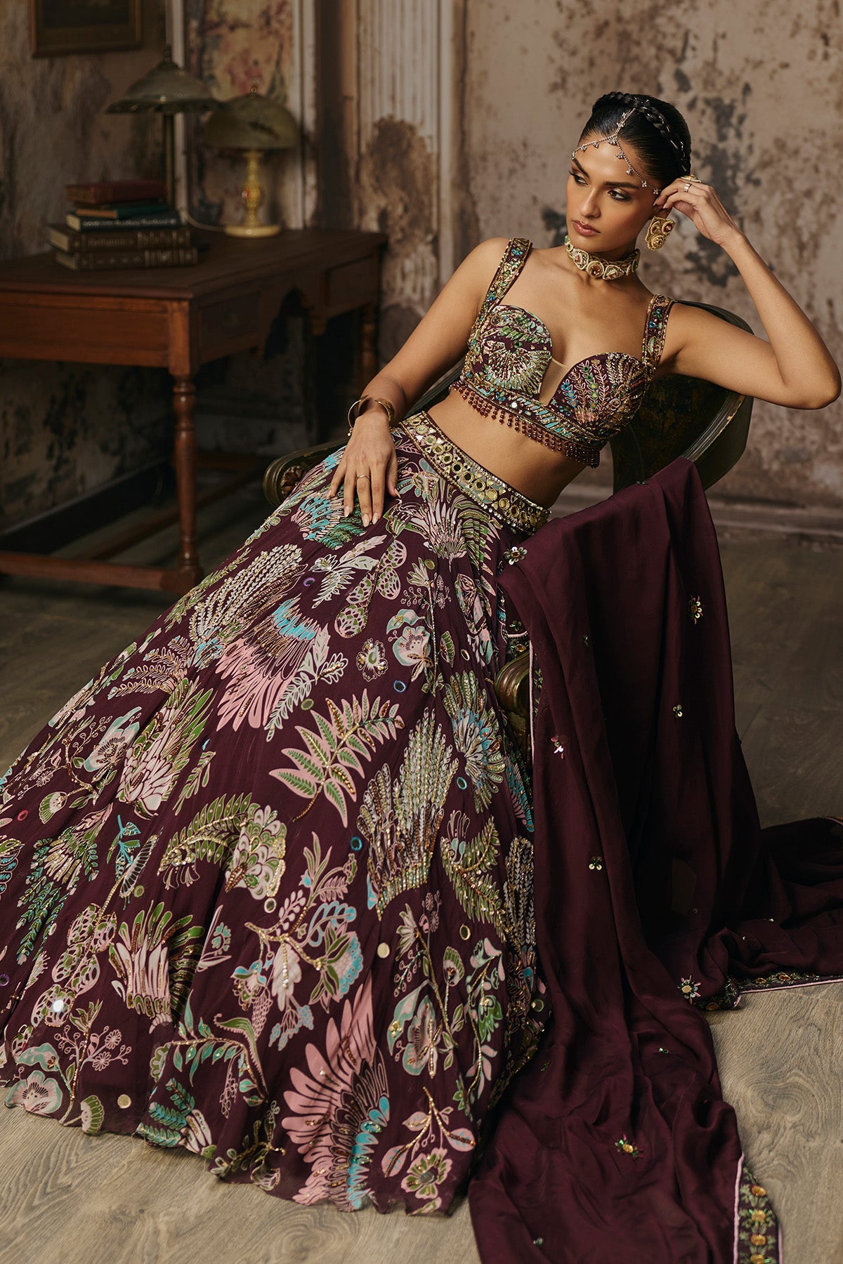 Plum Printed And Highlighted Lehenga Set