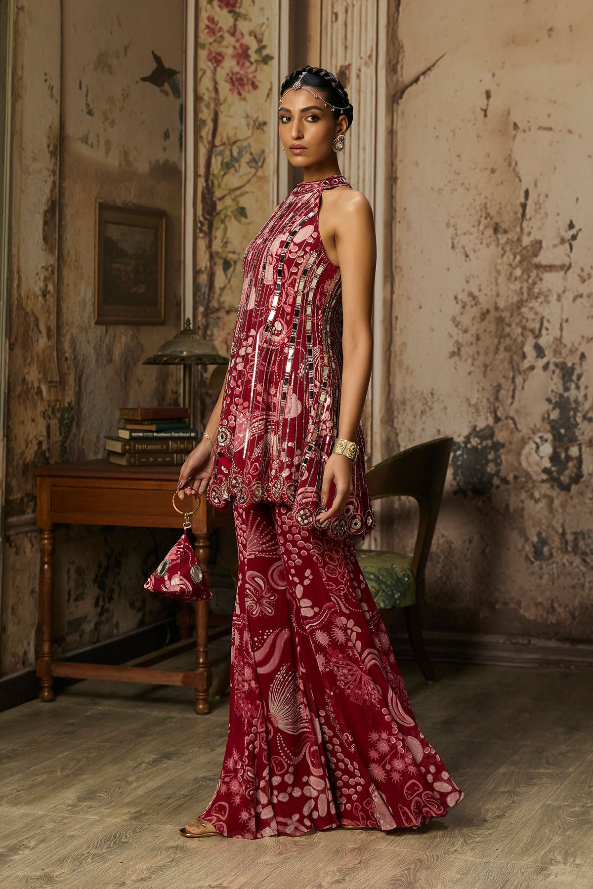 Scarlet Red Printed And Highlighted Peplum Set