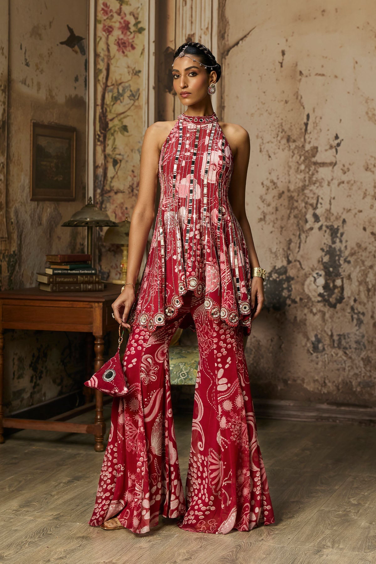 Scarlet Red Printed And Highlighted Peplum Set