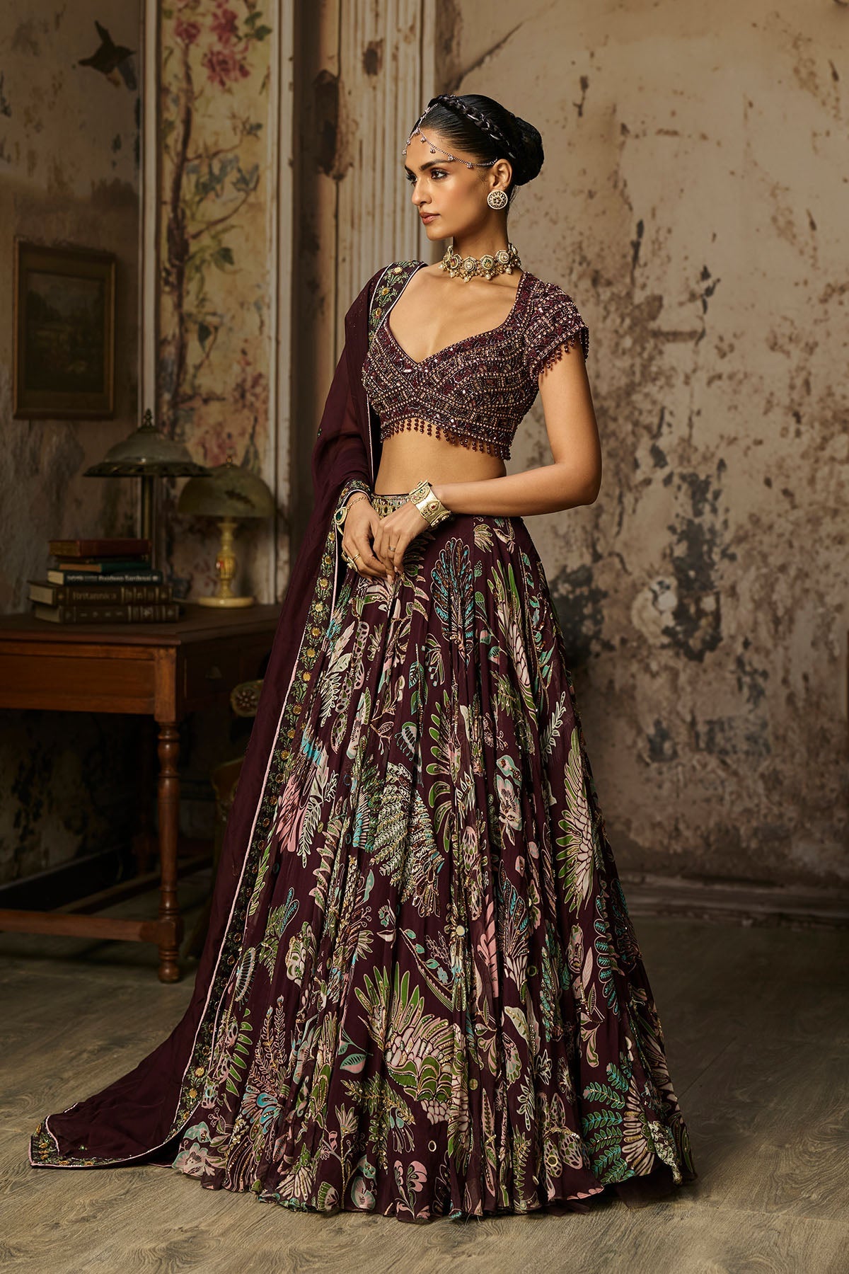 Plum Embroidered Blouse With Printed Lehenga Set