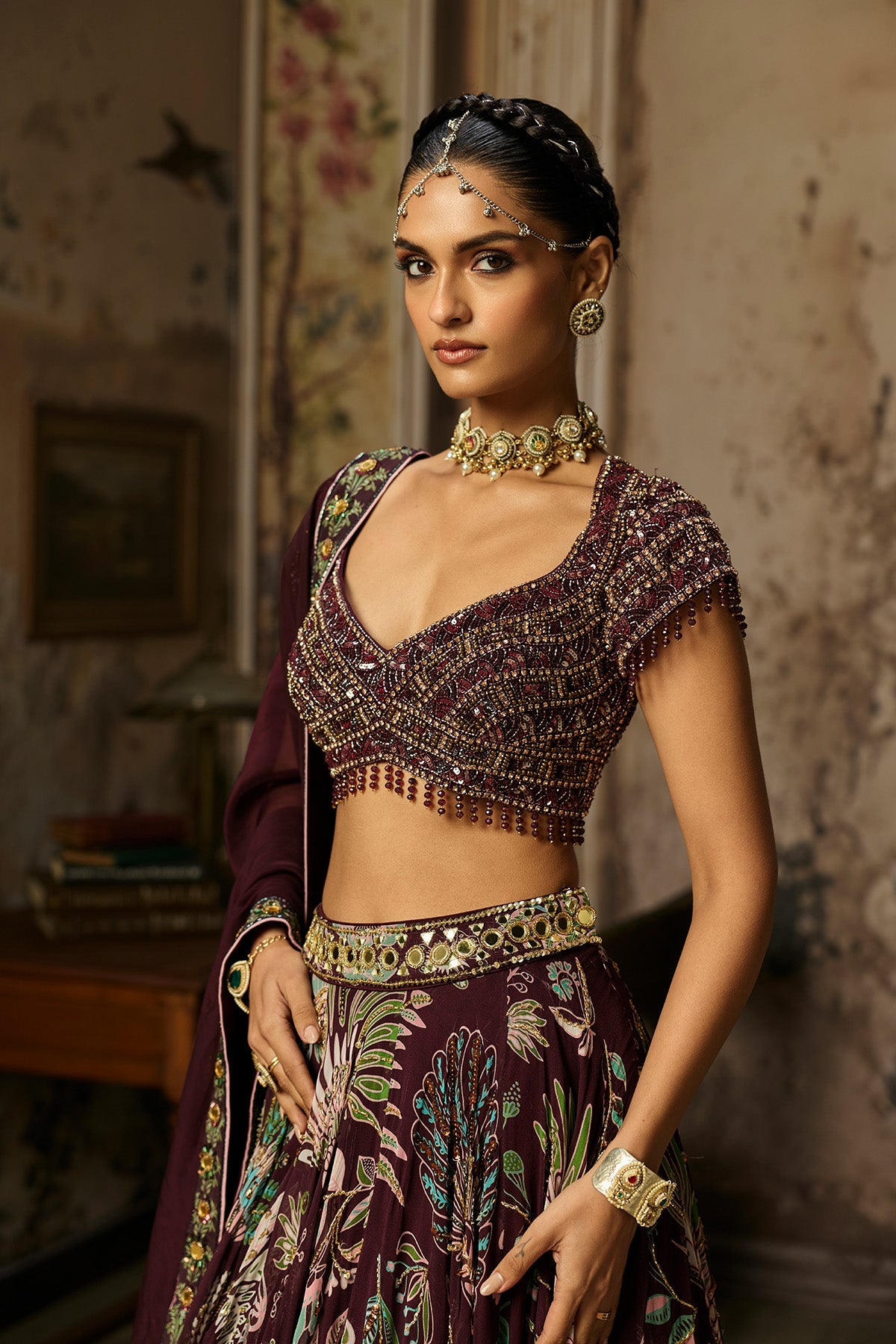 Plum Embroidered Blouse With Printed Lehenga Set