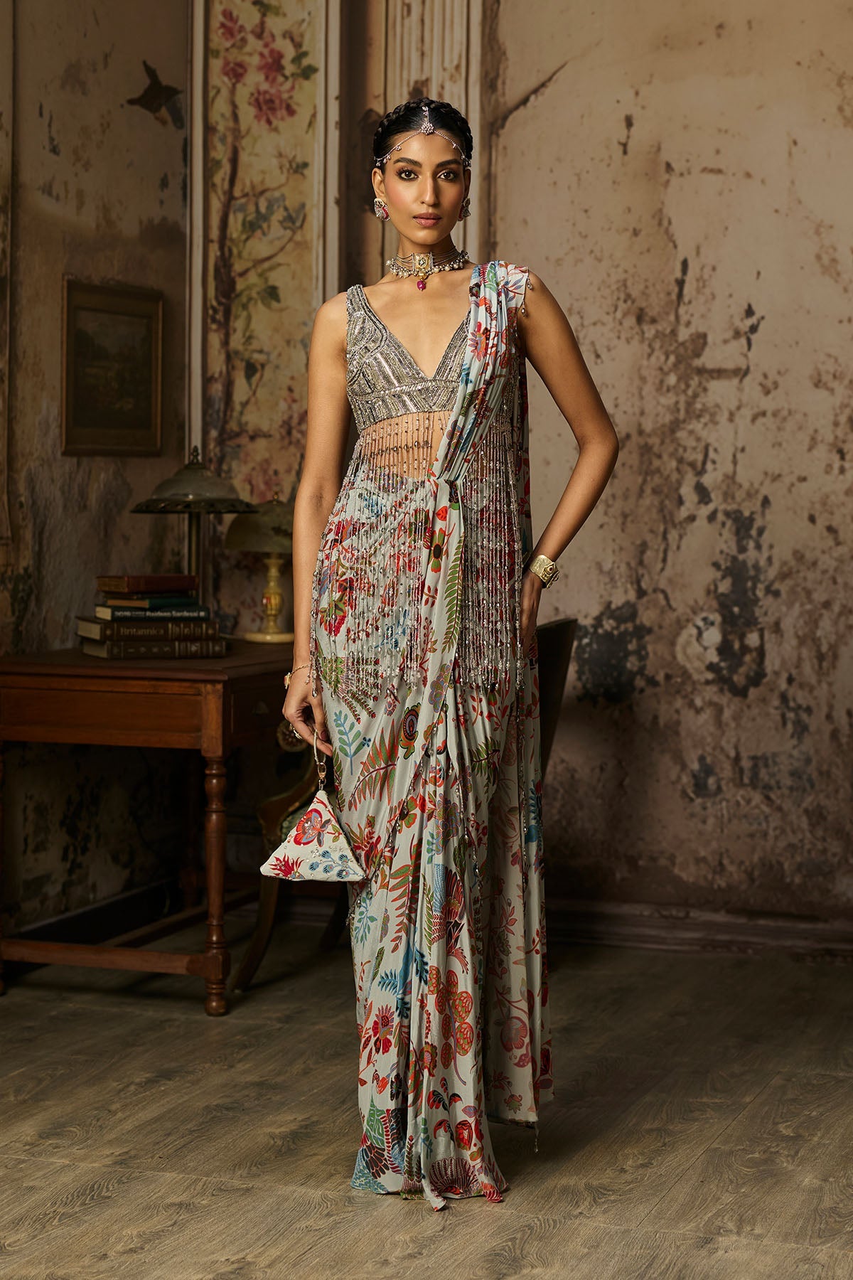 Slate Grey Embroidered Blouse With Dhoti Skirt Saree Set