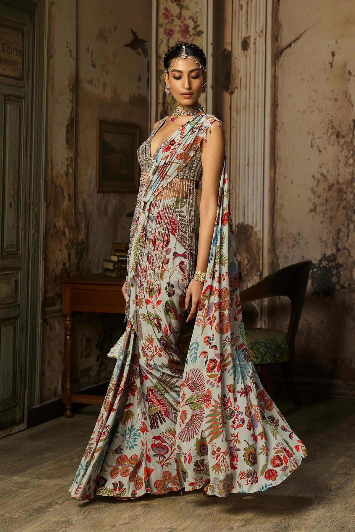 Slate Grey Embroidered Blouse With Dhoti Skirt Saree Set