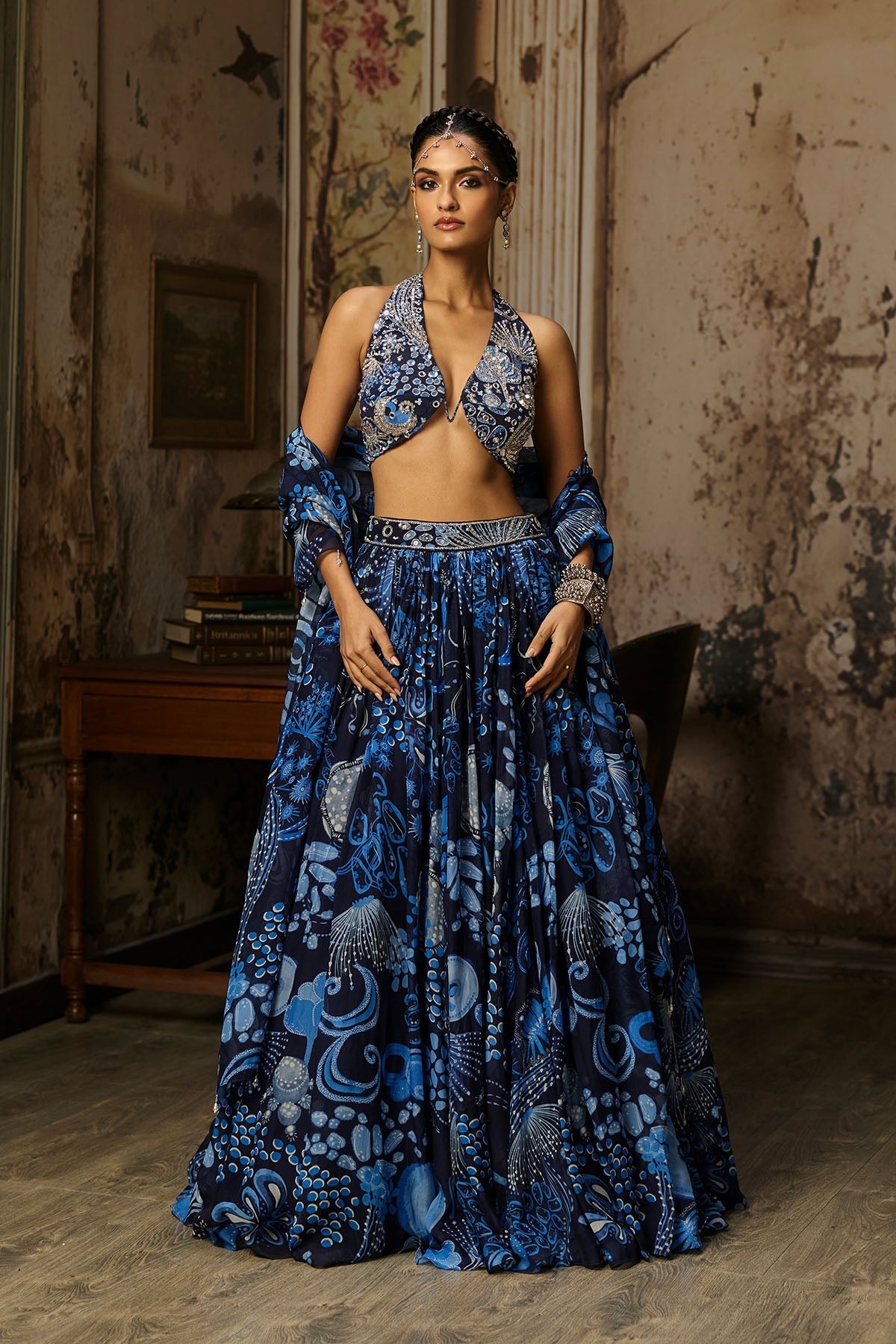 Navy Blue Printed & Highlighted Lehenga Set