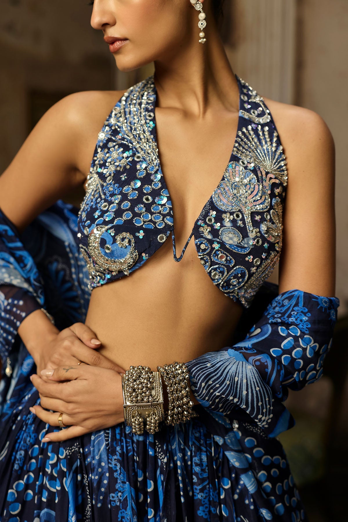 Navy Blue Printed & Highlighted Lehenga Set