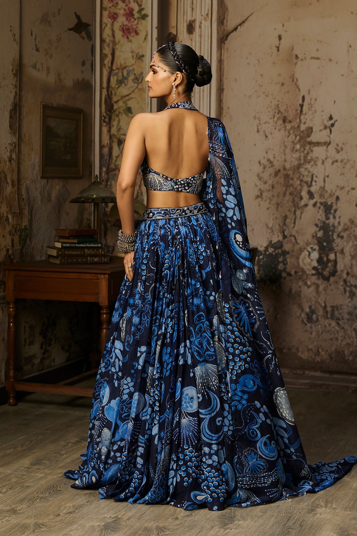 Navy Blue Printed & Highlighted Lehenga Set