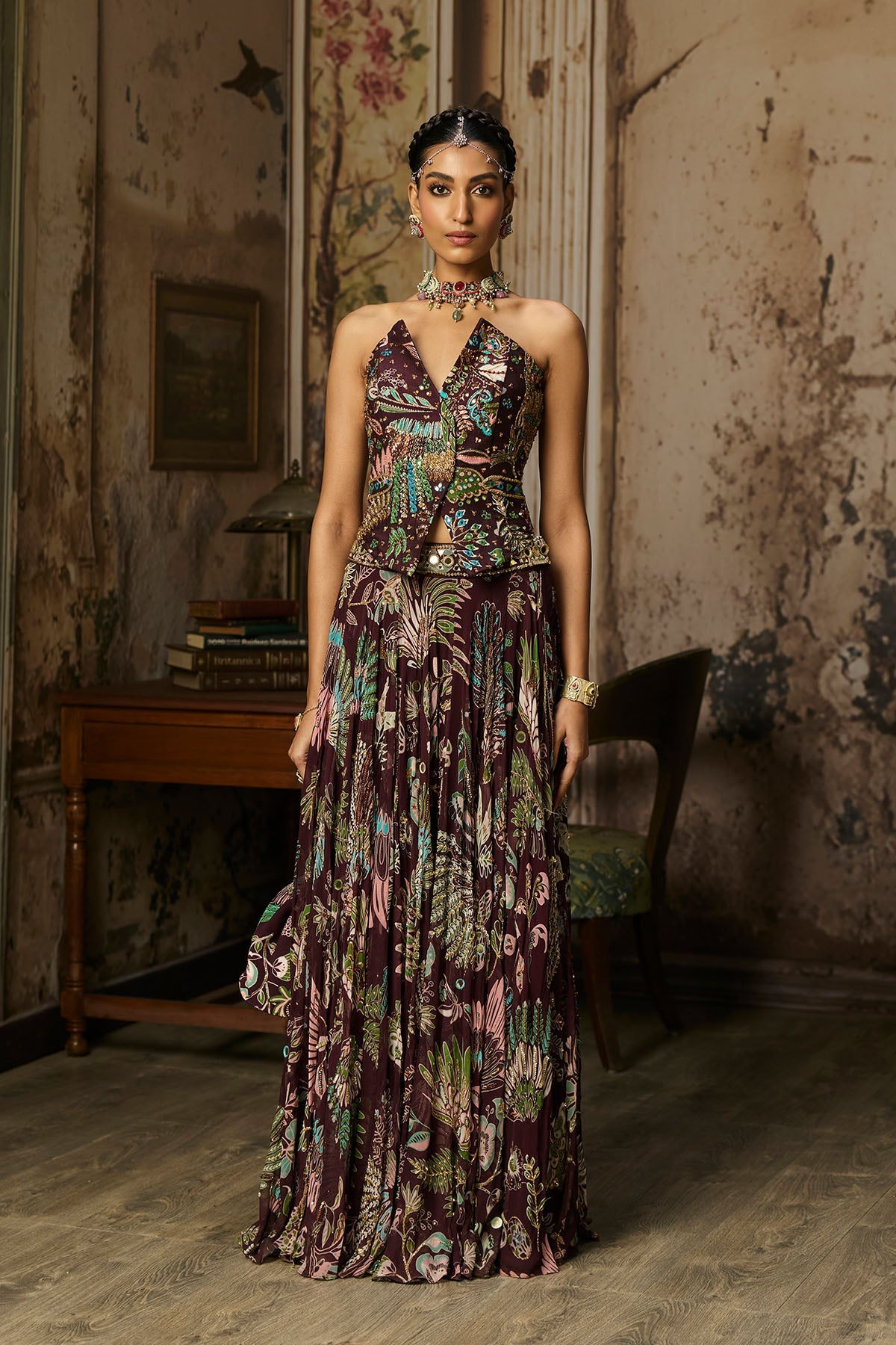 Plum Printed And Highlighted Corset Lehenga Set