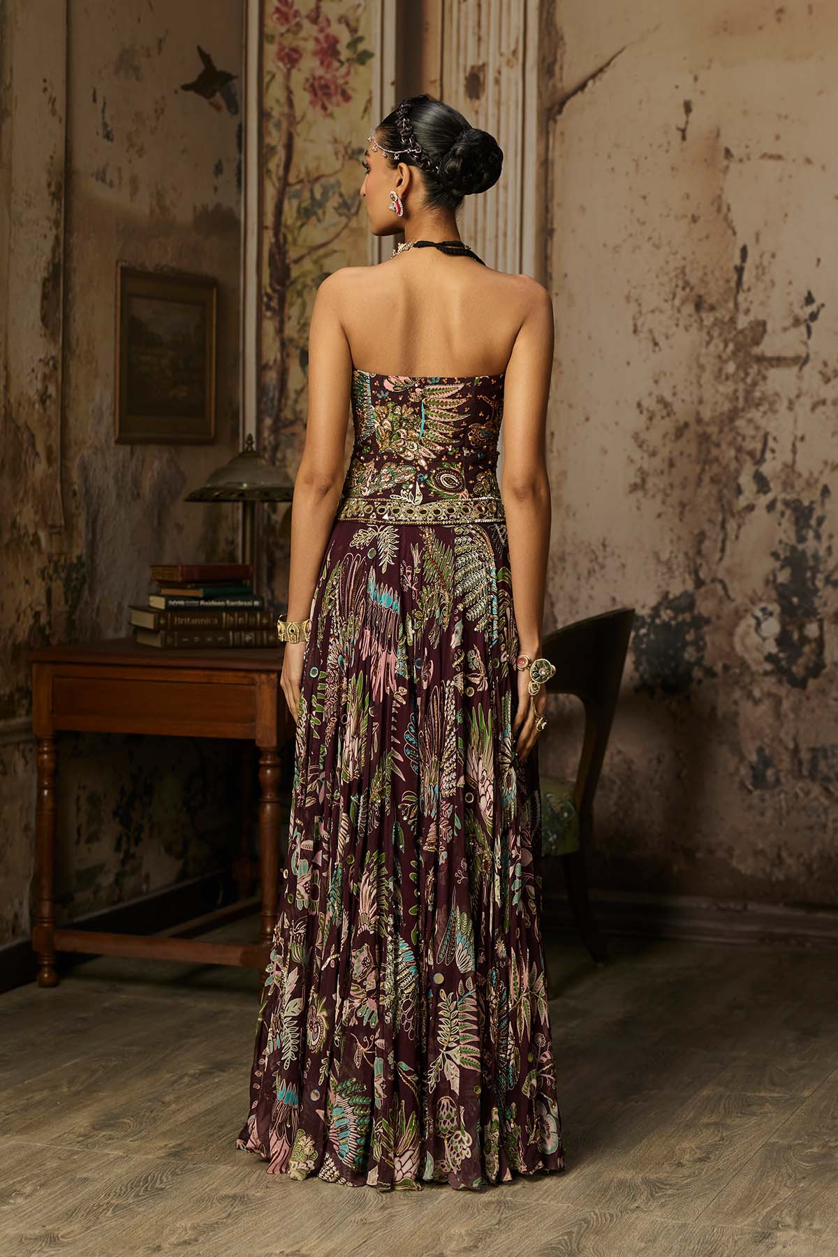 Plum Printed And Highlighted Corset Lehenga Set