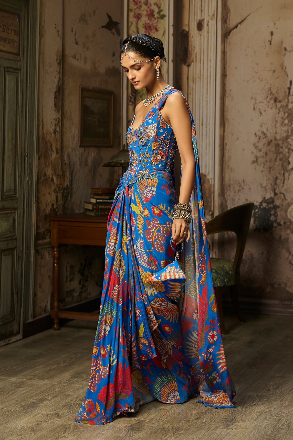 Electric Blue Printed And Highlighted Corset Dhoti Skirt Saree Set