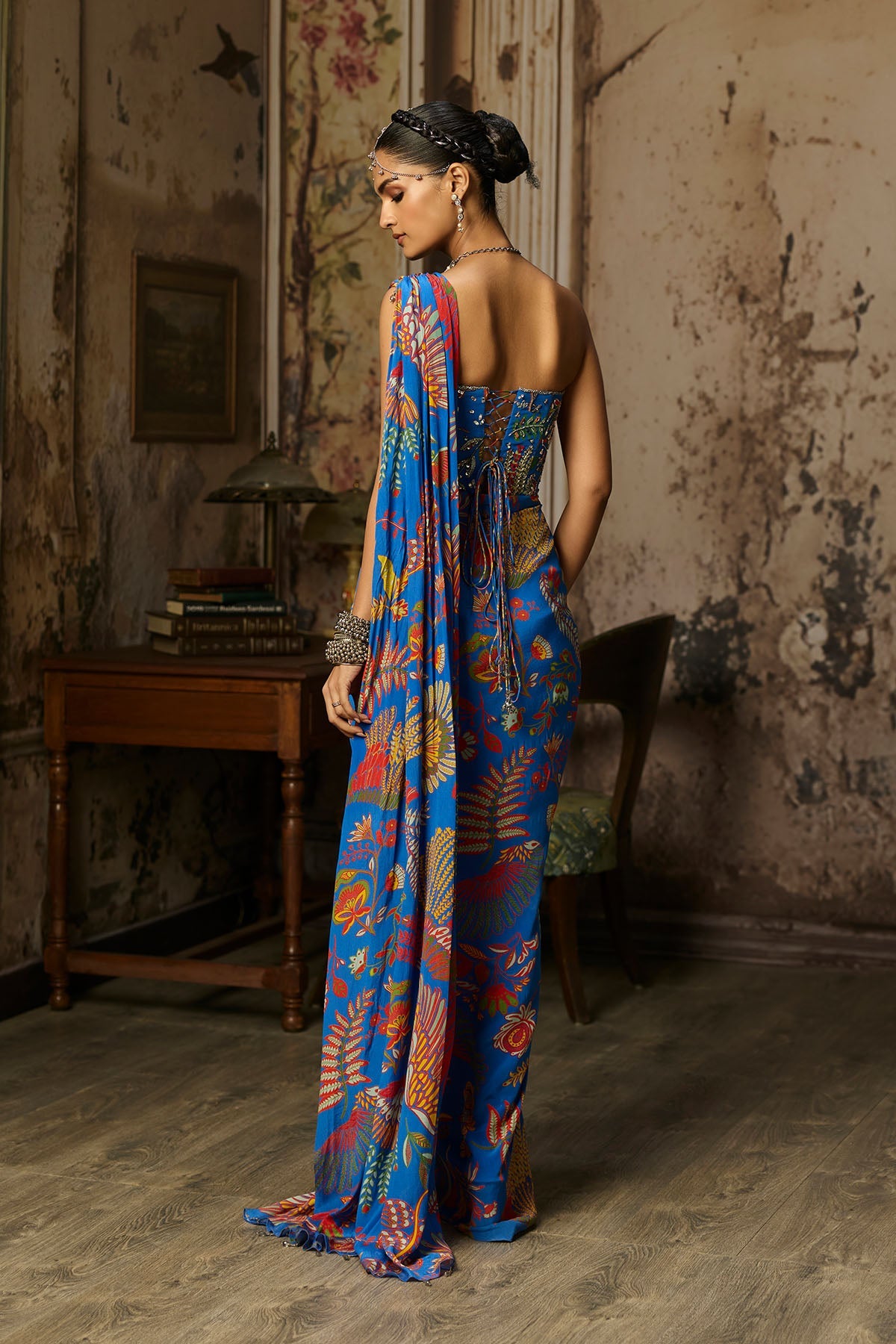 Electric Blue Printed And Highlighted Corset Dhoti Skirt Saree Set