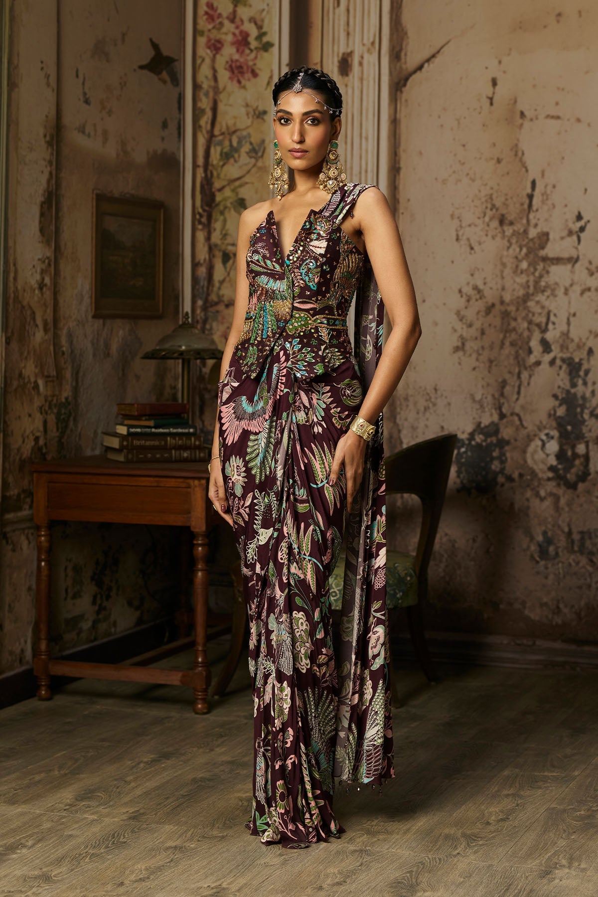 Plum Printed And Highlighted Corset With Dhoti Skirt Saree Set