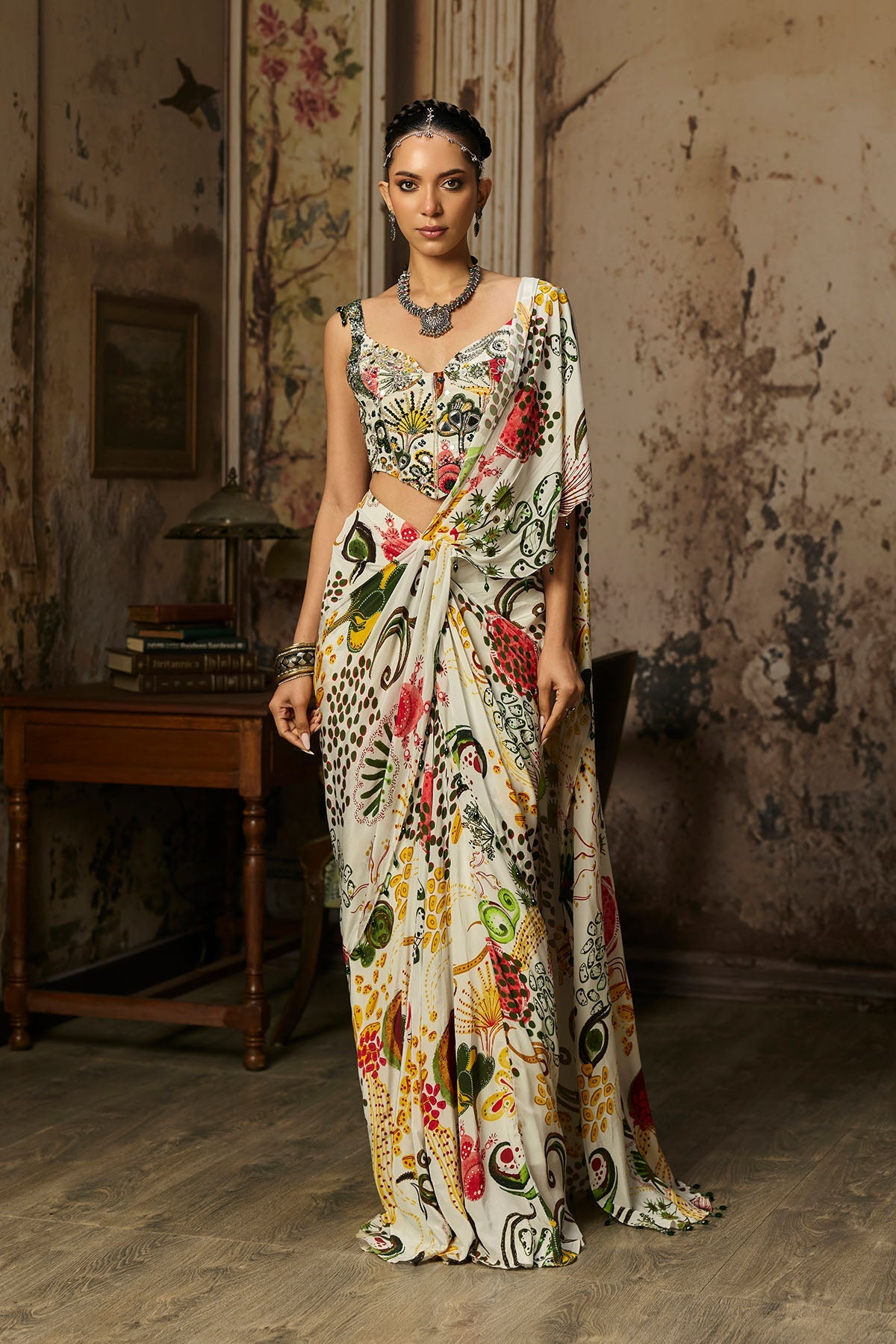 Ivory Print And Highlighted Corset With  Dhoti Skirt Saree Set