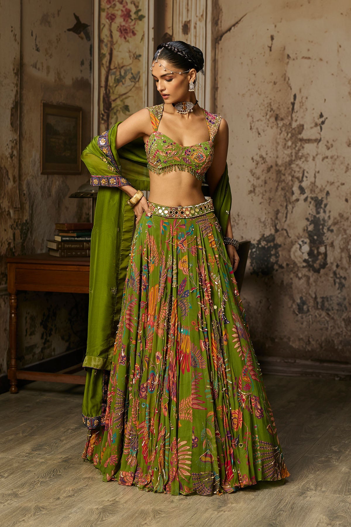Pear Green Printed And Highlighted Lehenga Set