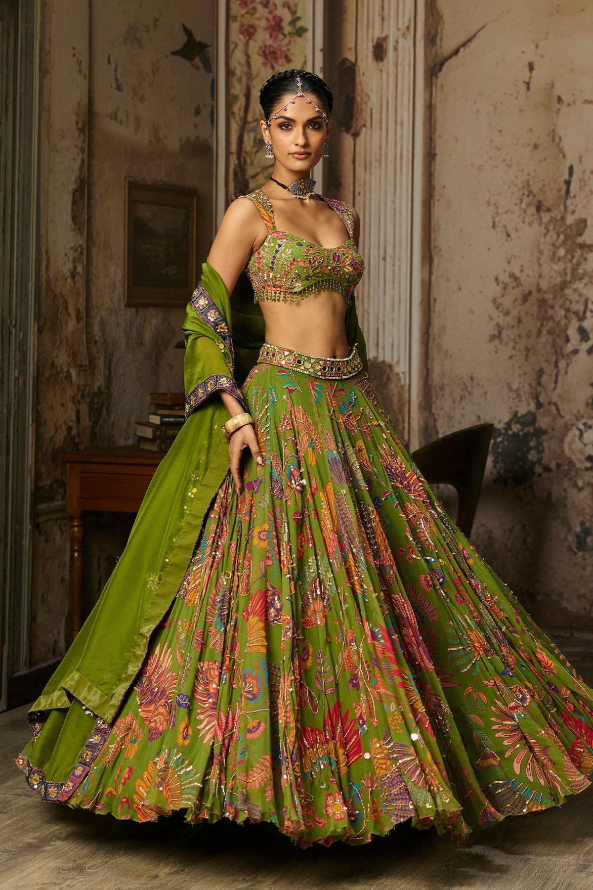 Pear Green Printed And Highlighted Lehenga Set