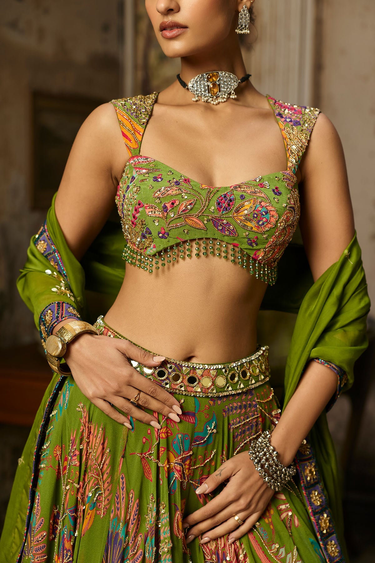 Pear Green Printed And Highlighted Lehenga Set