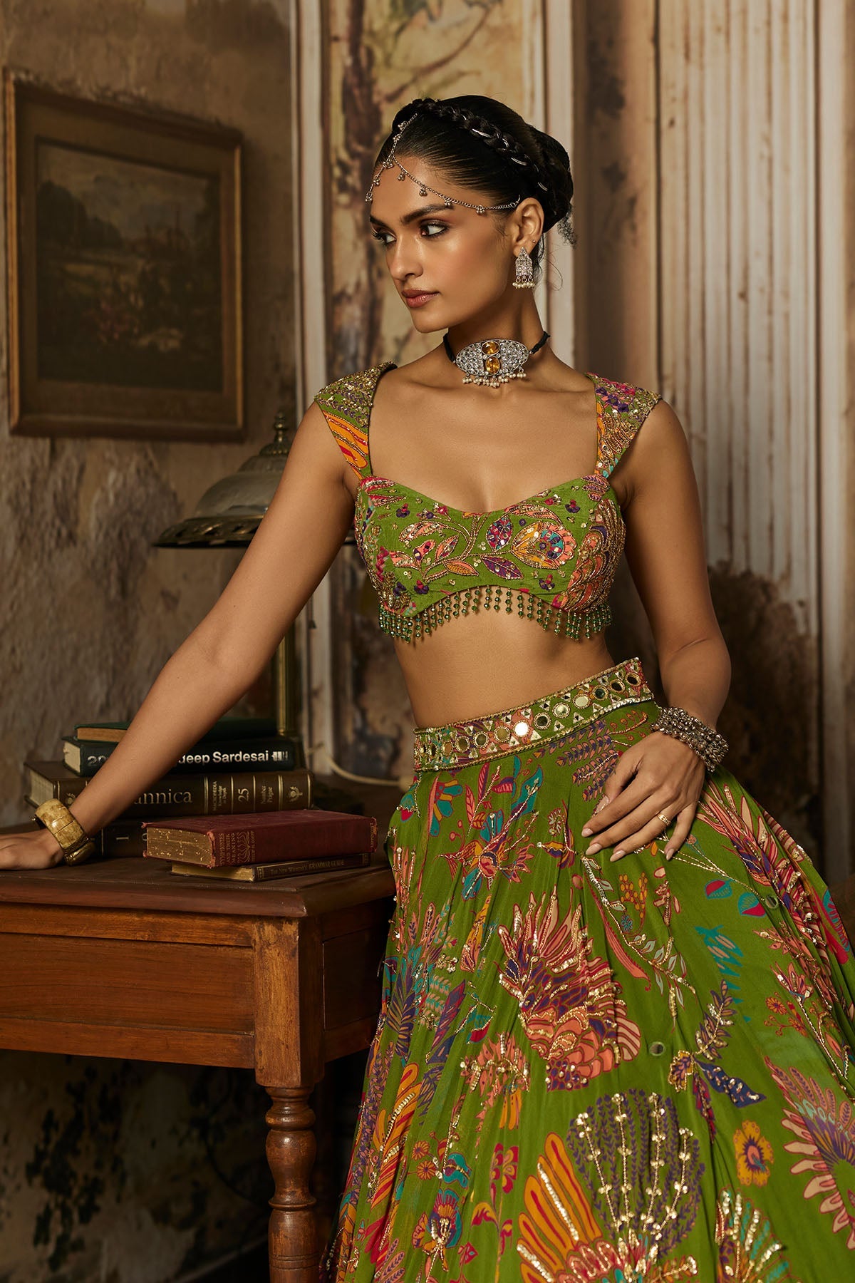 Pear Green Printed And Highlighted Lehenga Set